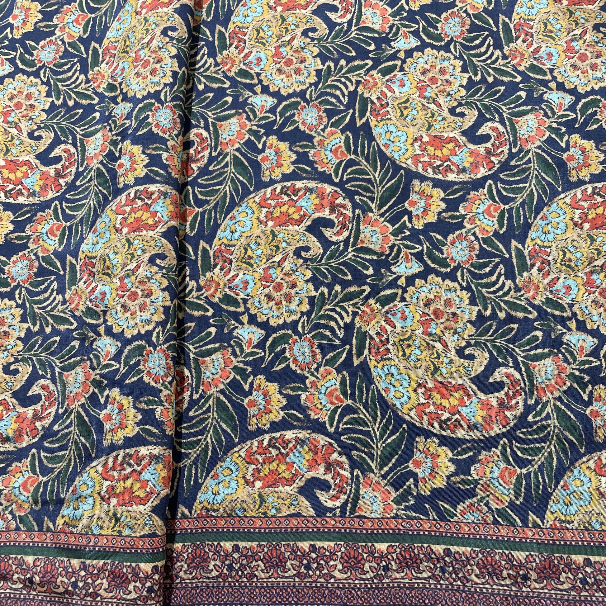 Blue Multicolor Madhubani Border Print Muslin Fabric