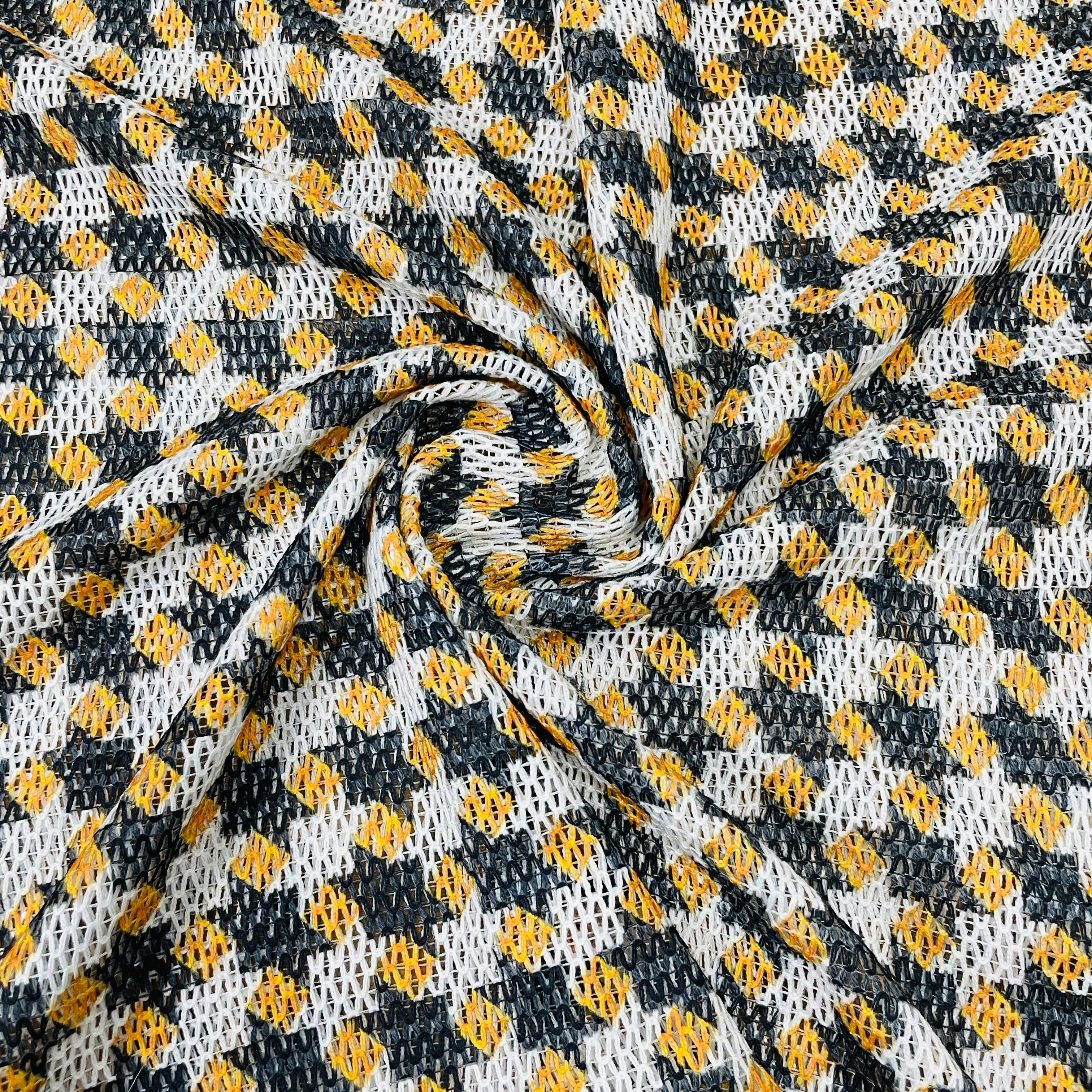 Textured woven saffron yellow ocher cotton fabric, warm black check cross pattern, buy washed, soft and airy, Thai craft printed cloth PHA210