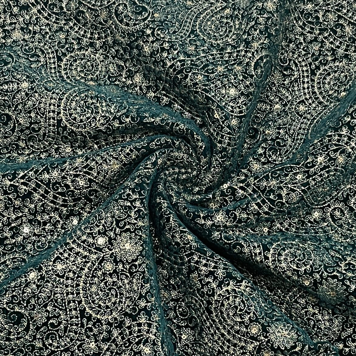 Premium Teal Blue Traditional Sequence Thread Embroidery Velvet Fabric