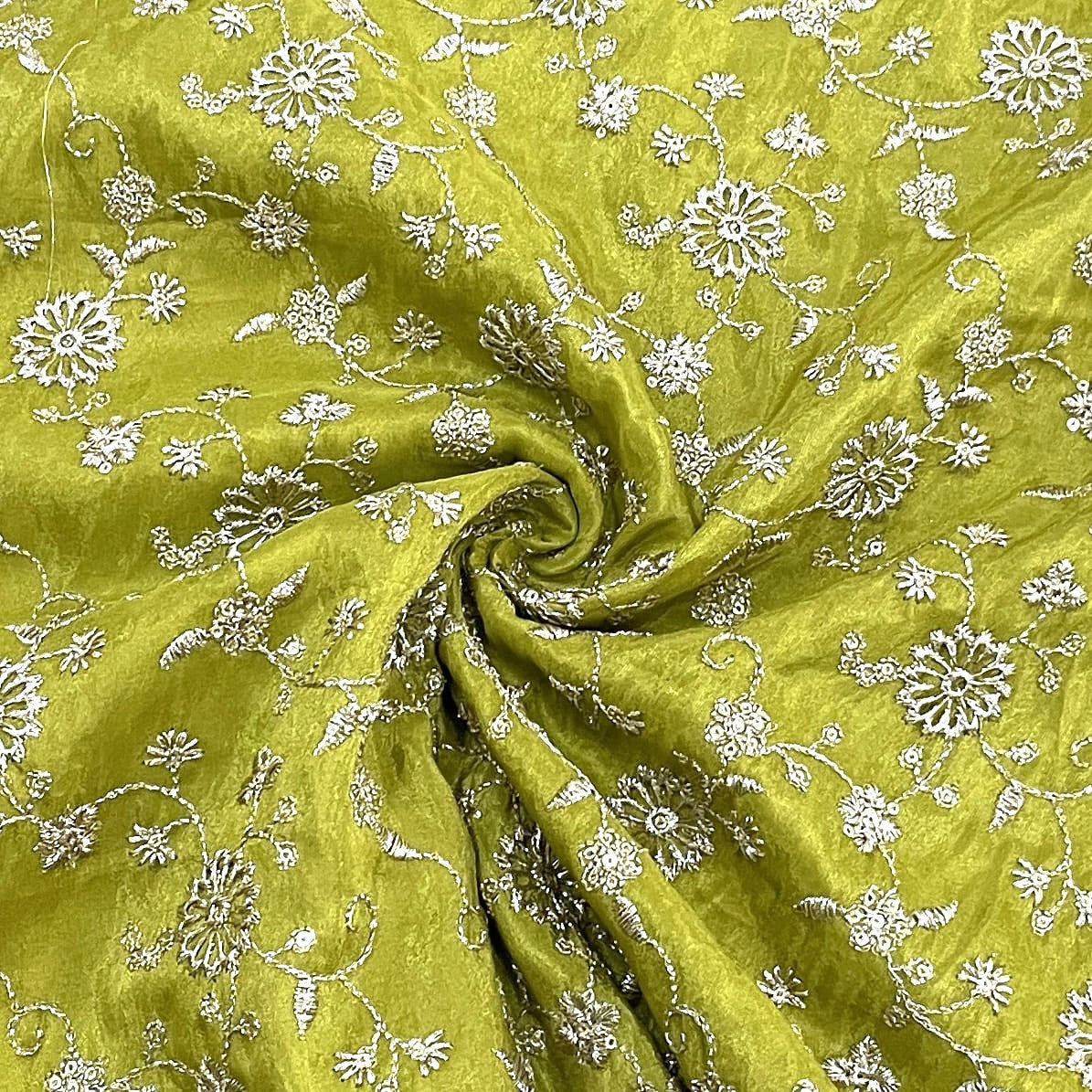 Classic Olive Green Floral Zari Embroidery Tissue Organza Fabric