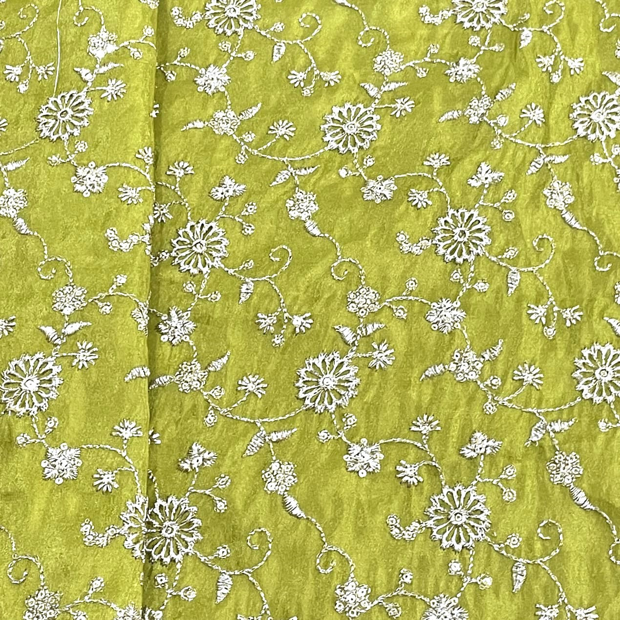 Classic Olive Green Floral Zari Embroidery Tissue Organza Fabric