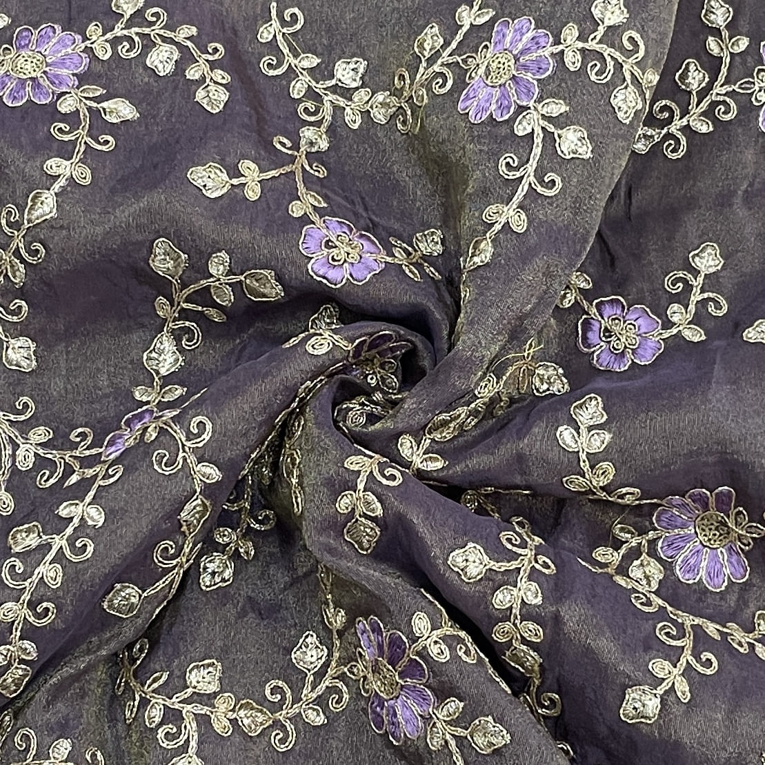 classic purple floral zari embroidery tissue organza fabric