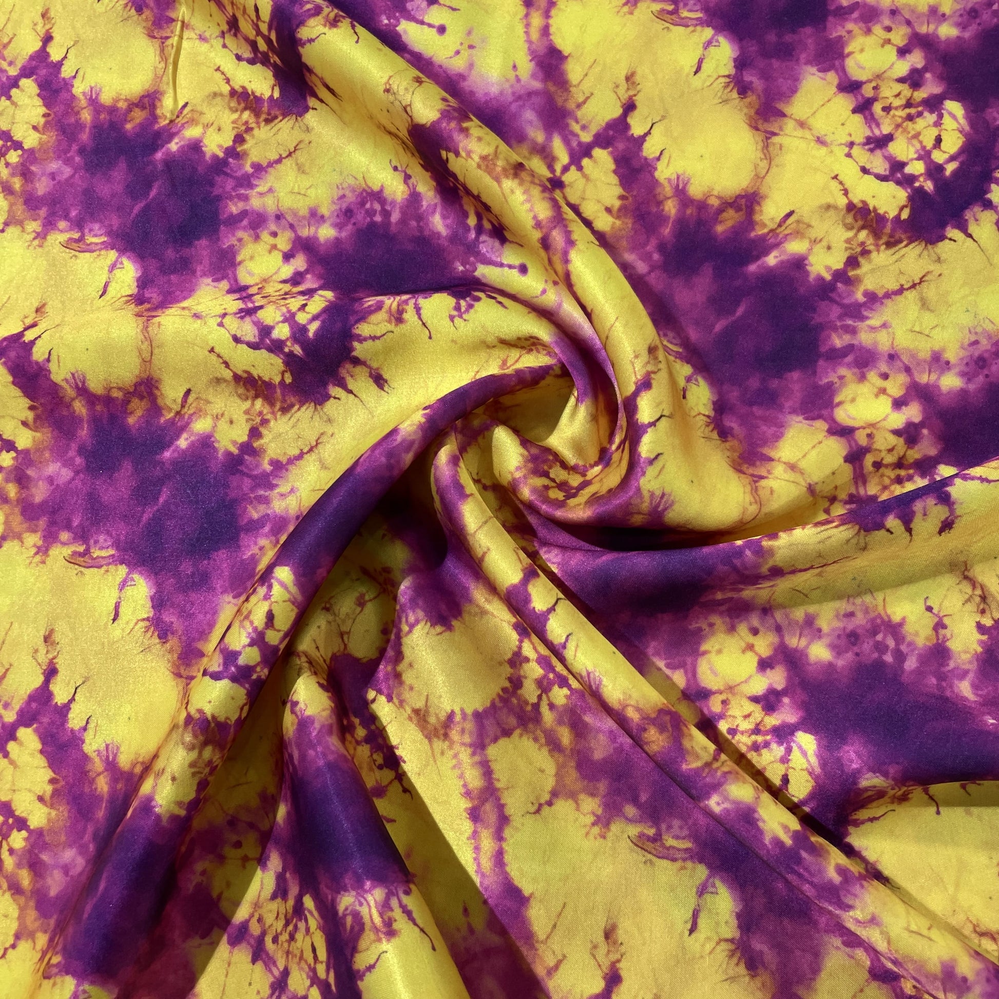 Yellow & Purple Tie&Die Print Modal Satin Fabric