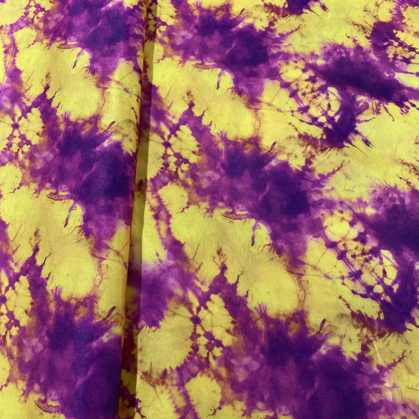 Yellow & Purple Tie&Die Print Modal Satin Fabric