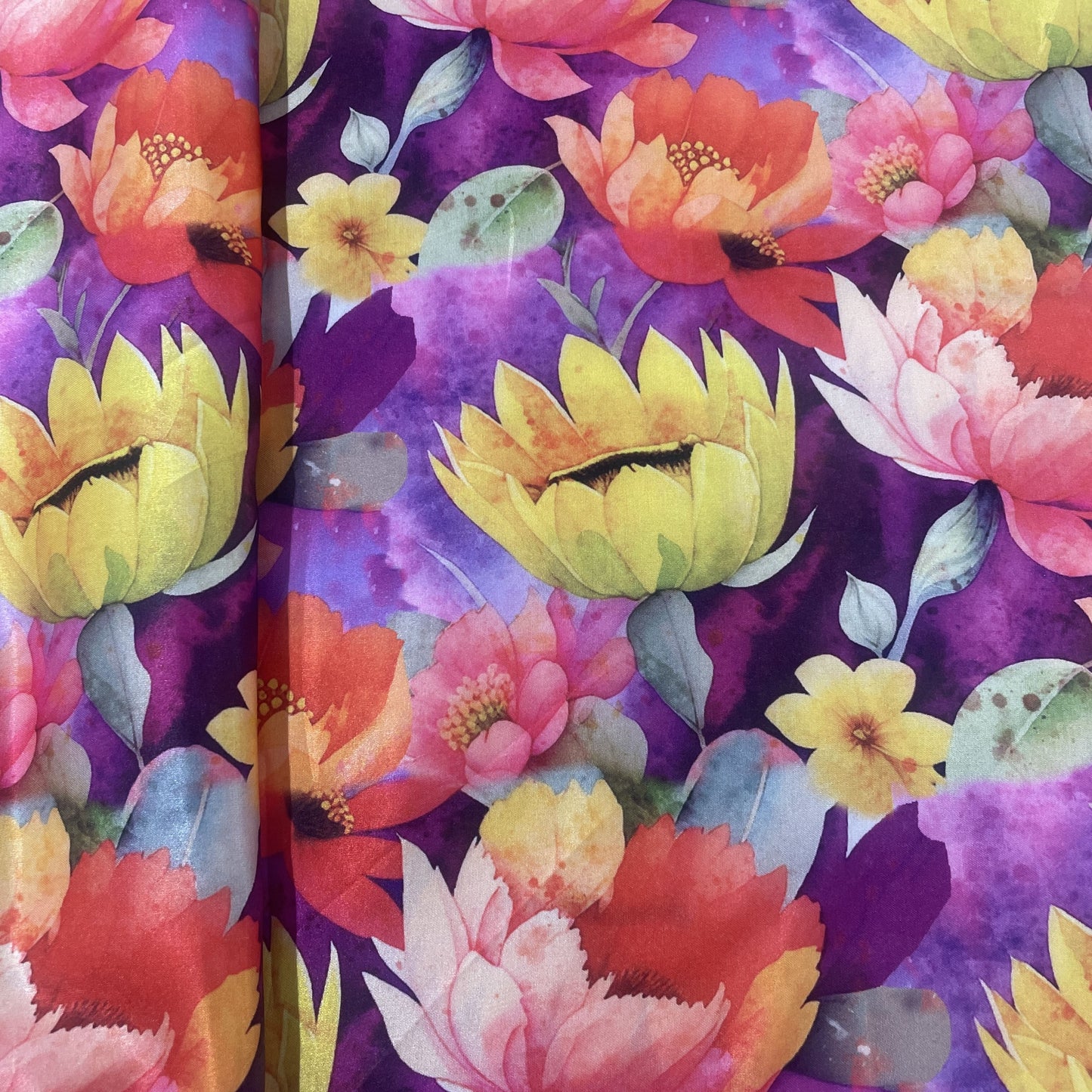 Purple Floral Tropical Print Modal Satin Fabric