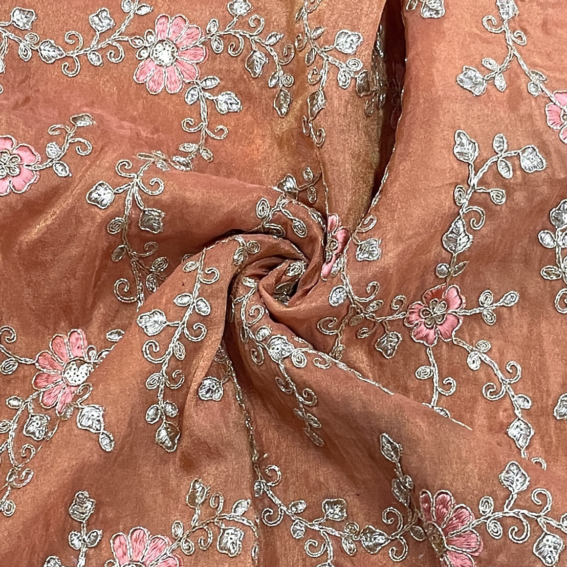 classic orange floral zari embroidery tissue organza fabric