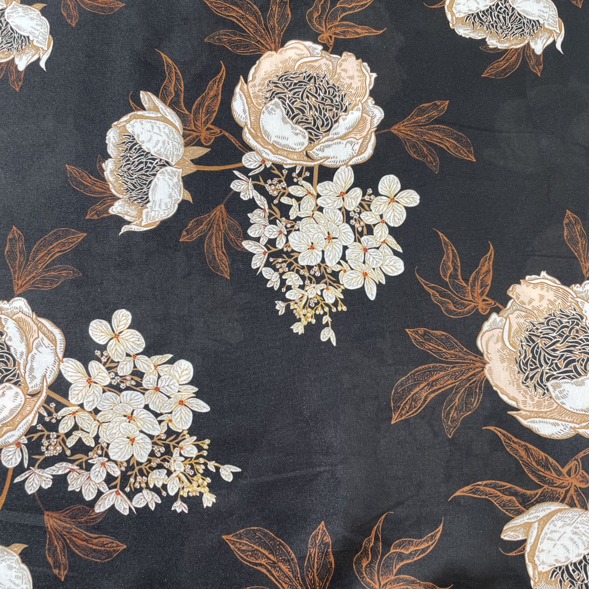 Black Cream Floral Print Modal Satin Fabric