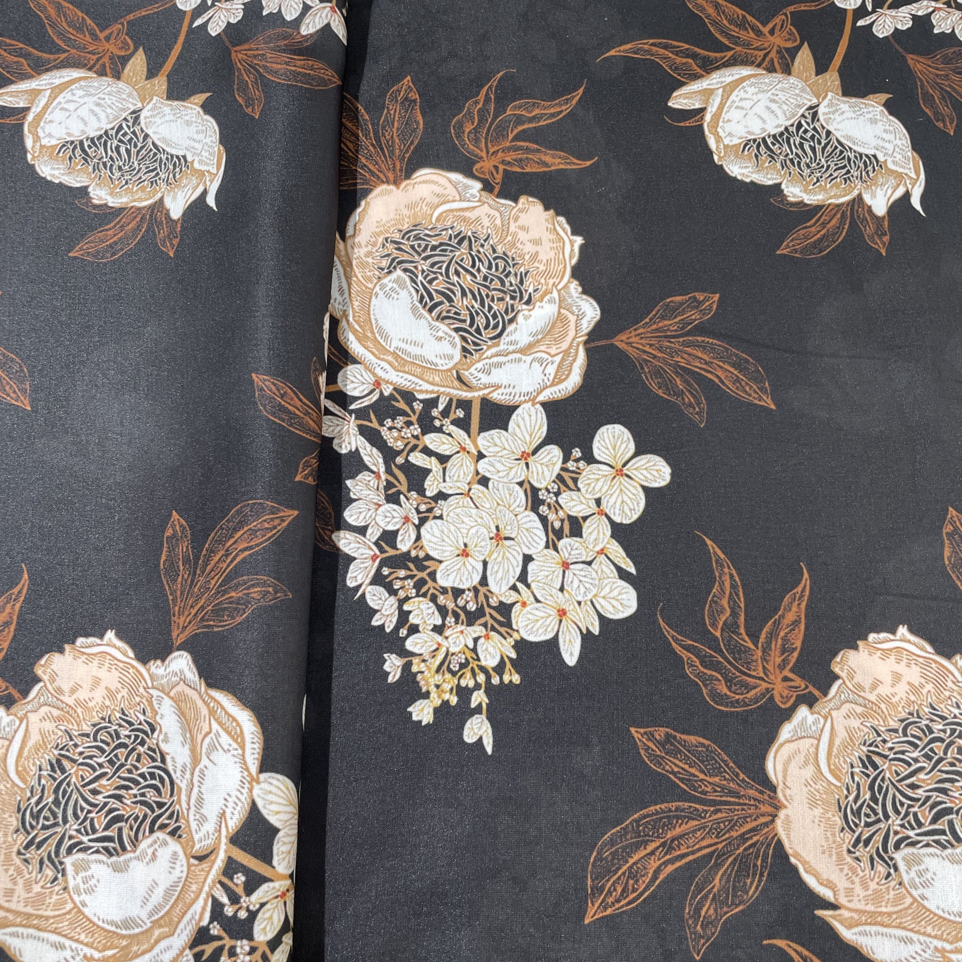 Black Cream Floral Print Modal Satin Fabric