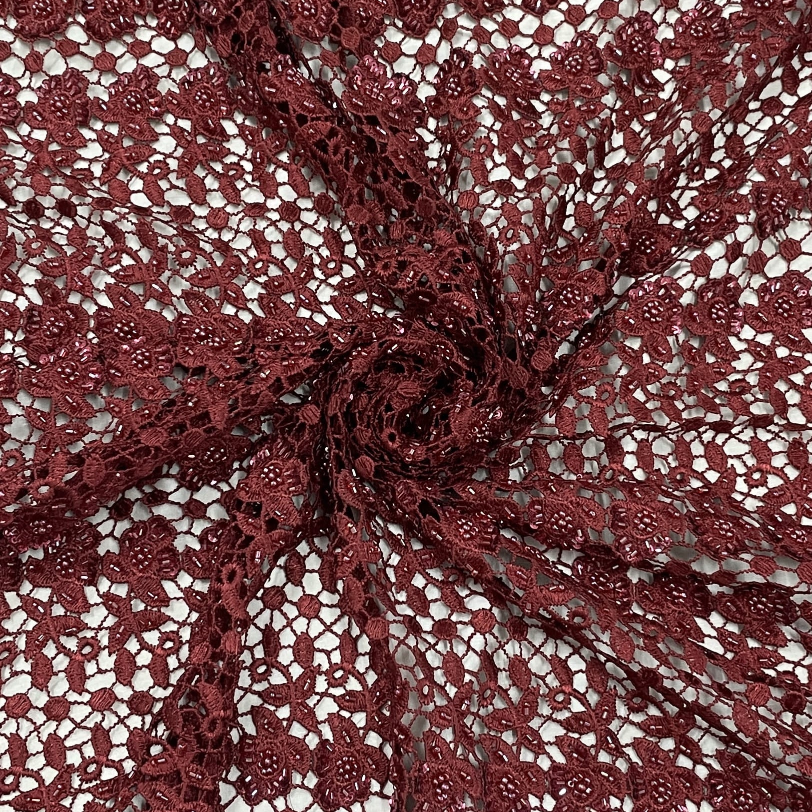 Classic Maroon Floral Pearl Embroidery Chantilly Net Fabric