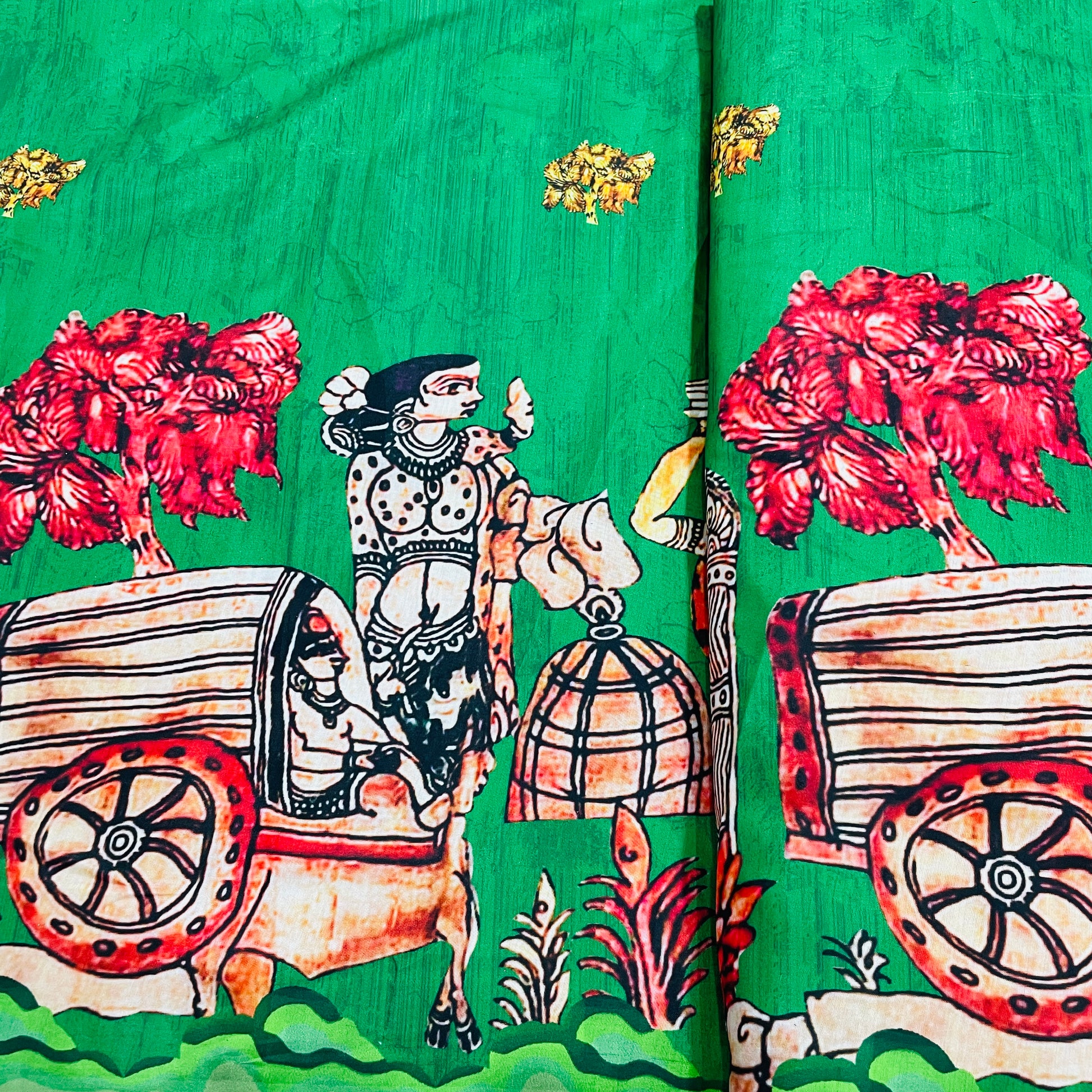 Green Madhubani Print Cotton Satin Fabric - TradeUNO