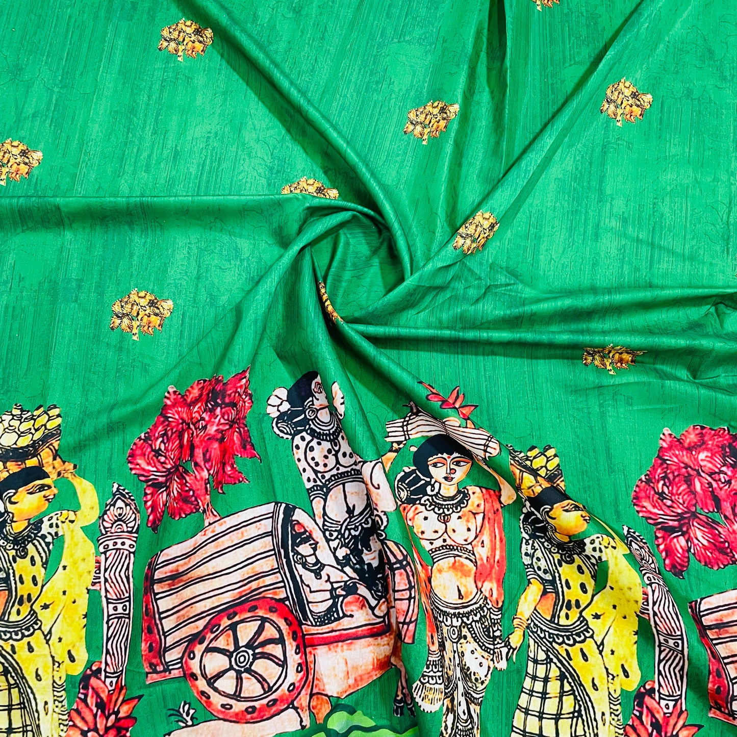 Green Madhubani Print Cotton Satin Fabric - TradeUNO