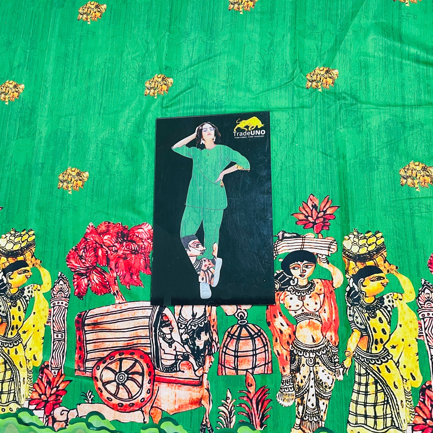 Green Madhubani Print Cotton Satin Fabric - TradeUNO