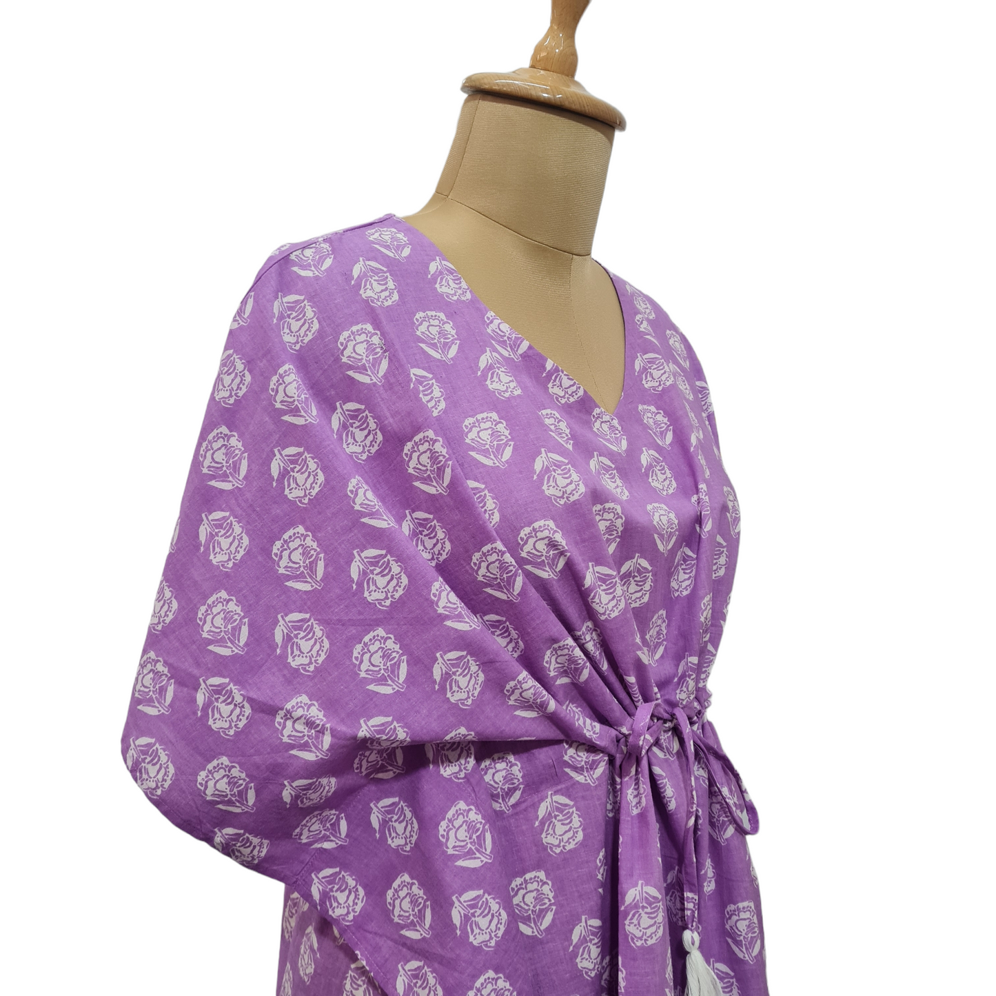 Purple White Floral Print Cotton Kaftan - TradeUNO