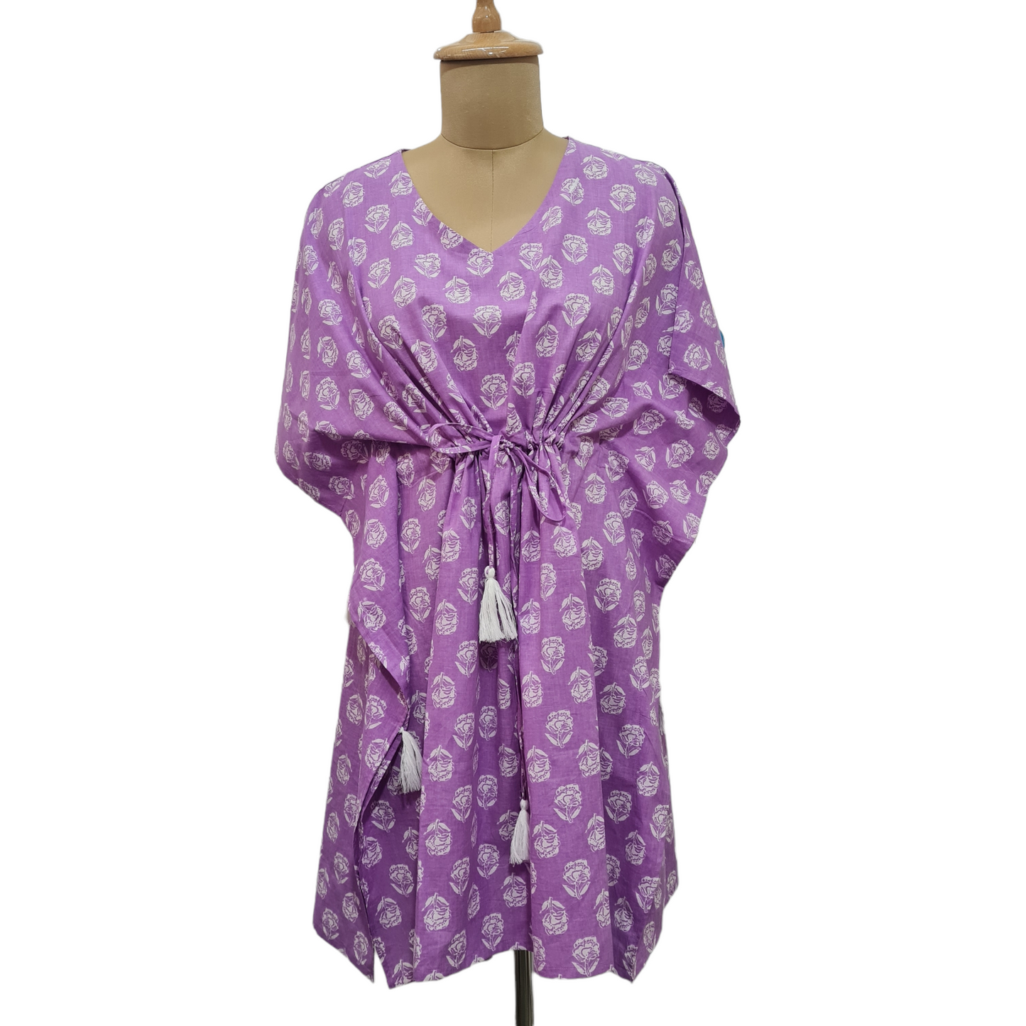 Purple White Floral Print Cotton Kaftan - TradeUNO