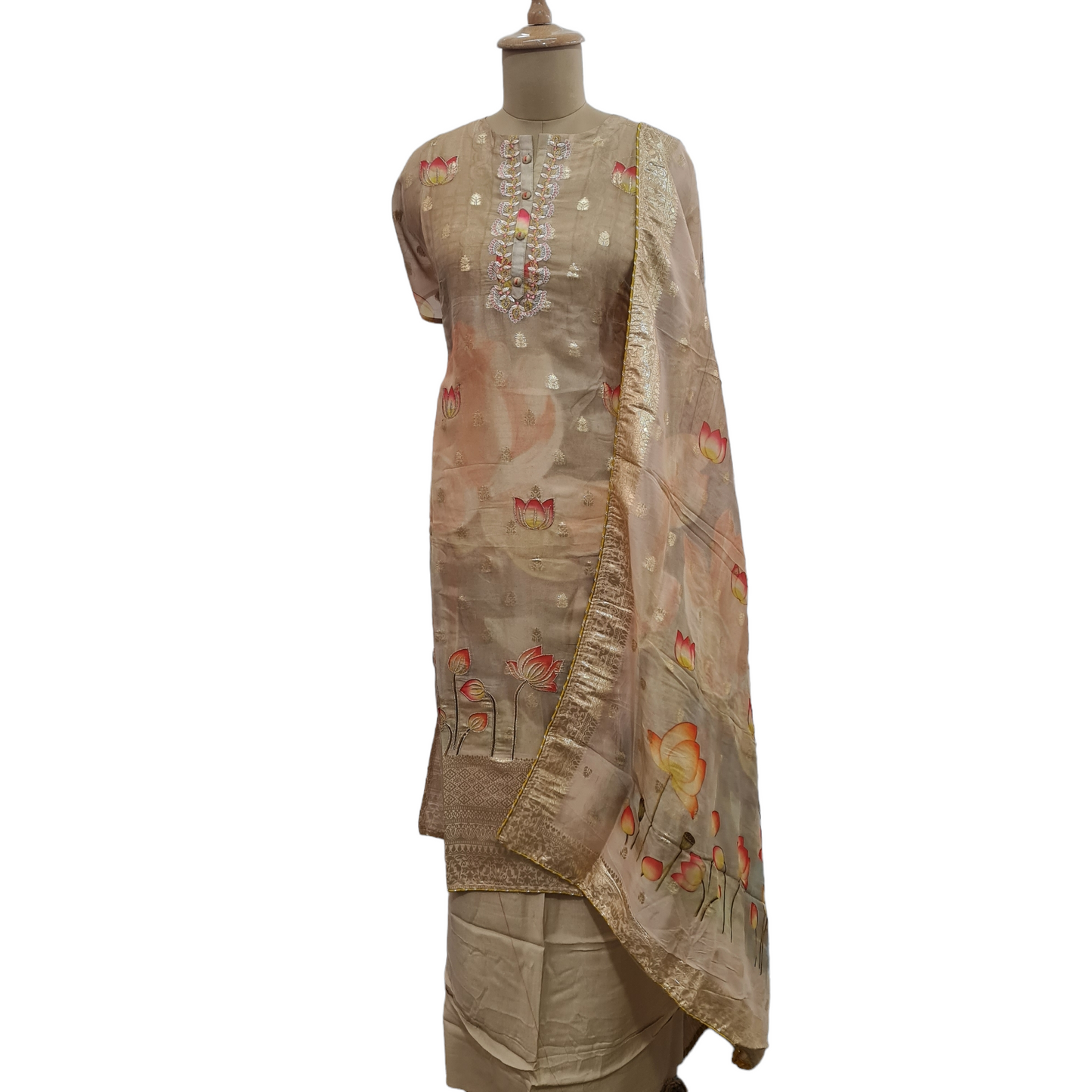 Brown Floral Foil Thread Embroidery Suit Set With Dupatta - TradeUNO