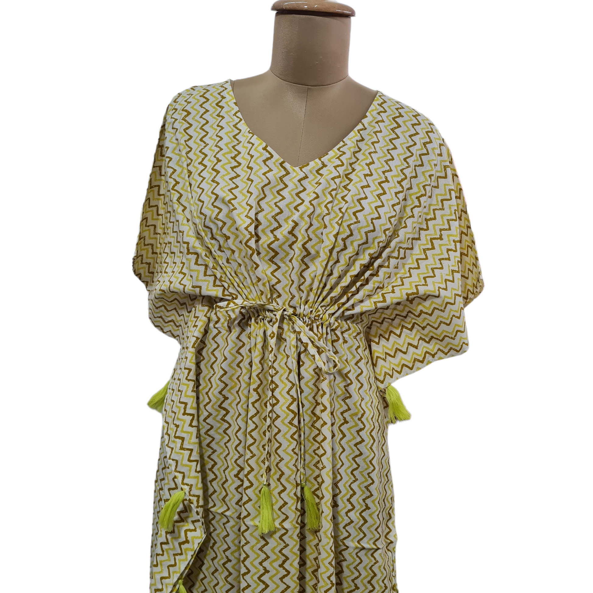 White Yellow Chevron Print Cotton Kaftan - TradeUNO