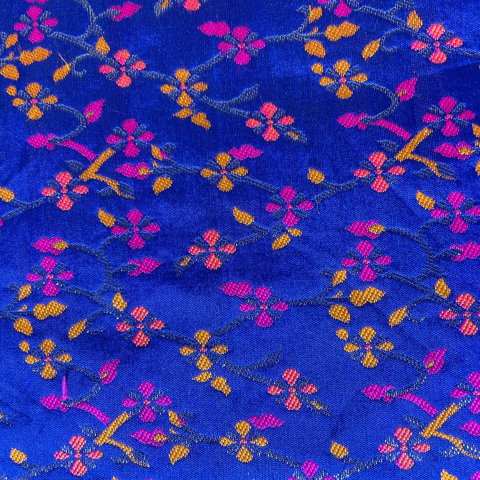 Dark Blue & Multicolor Floral Foil Chanderi Jacquard Fabric