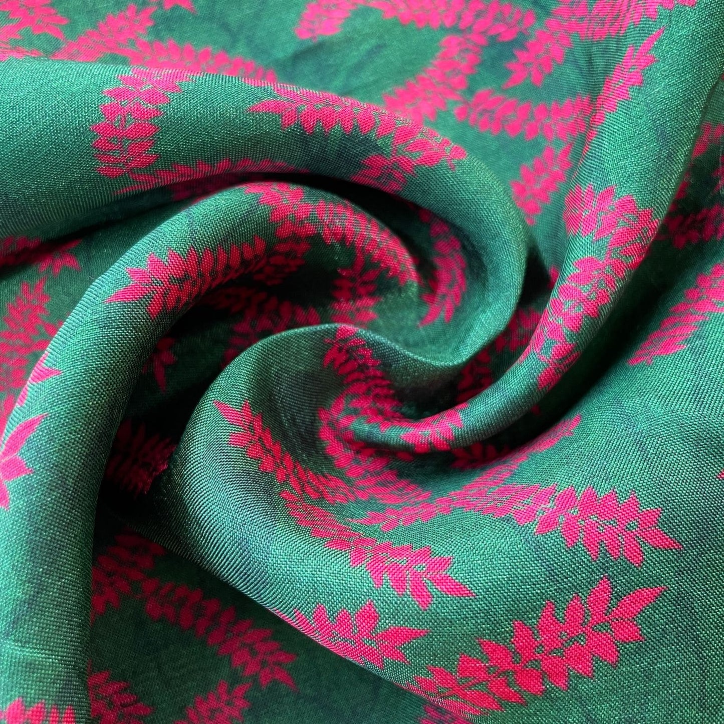 Dark Green Floral Print Upada Silk Fabric 21075