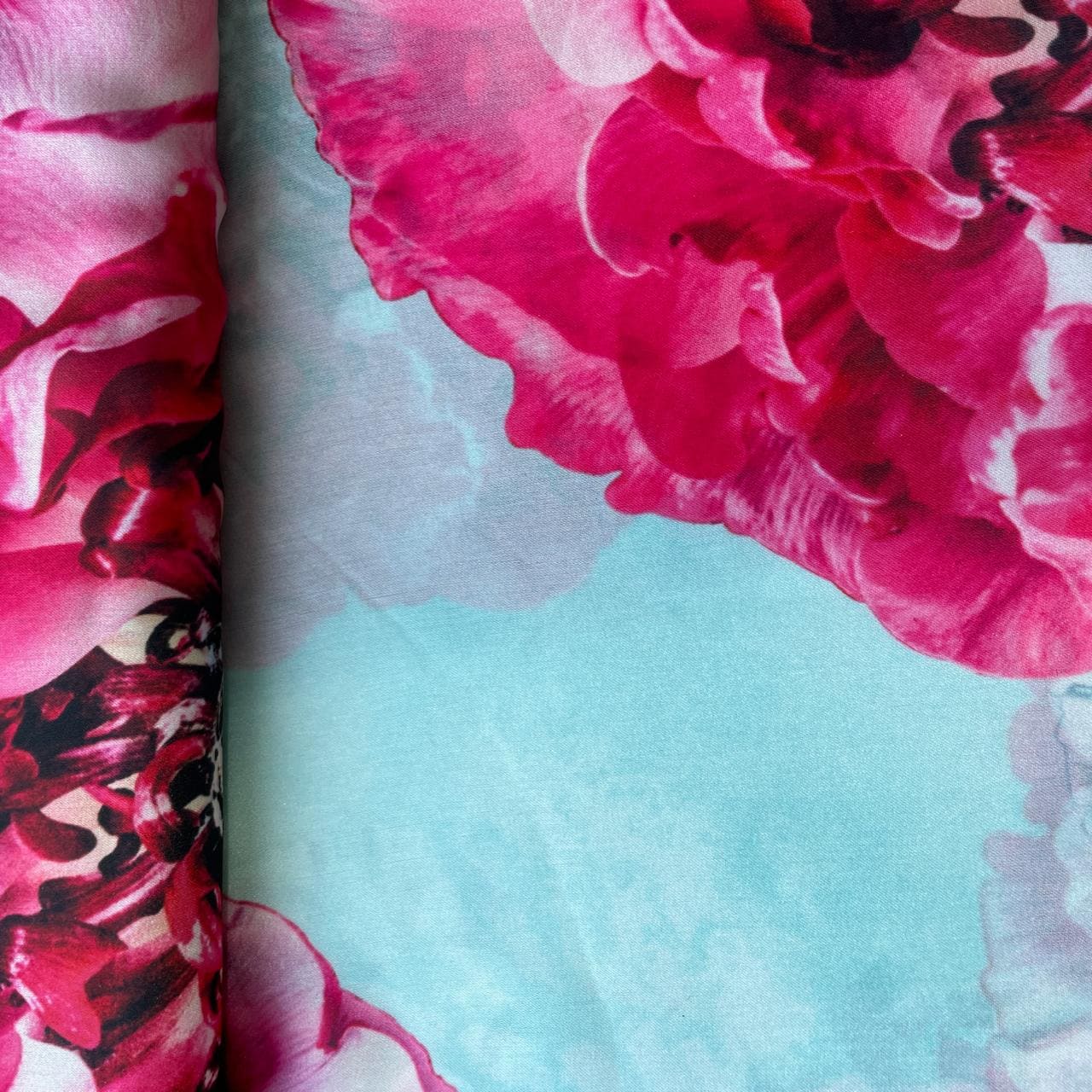 Aqua Blue & Pink Floral Print Georgette Satin Fabric 13659