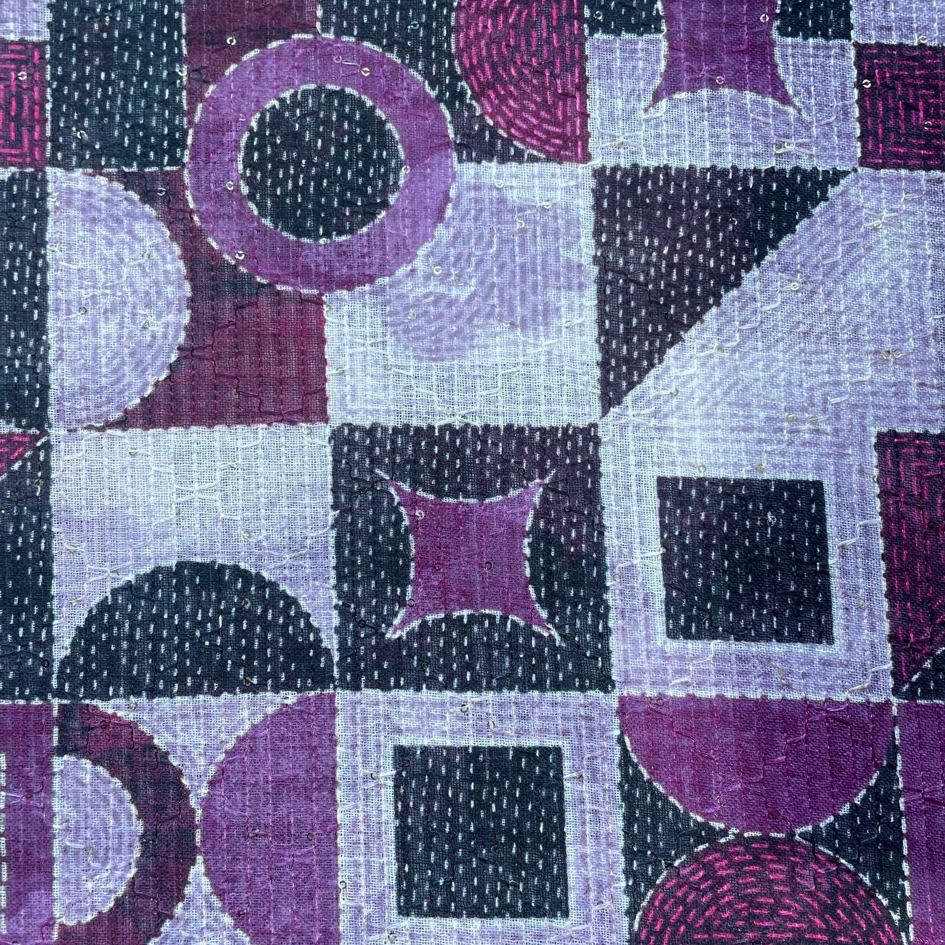 Purple & Black Geometerical Print Sequence Embroidery Linen Fabric 11110