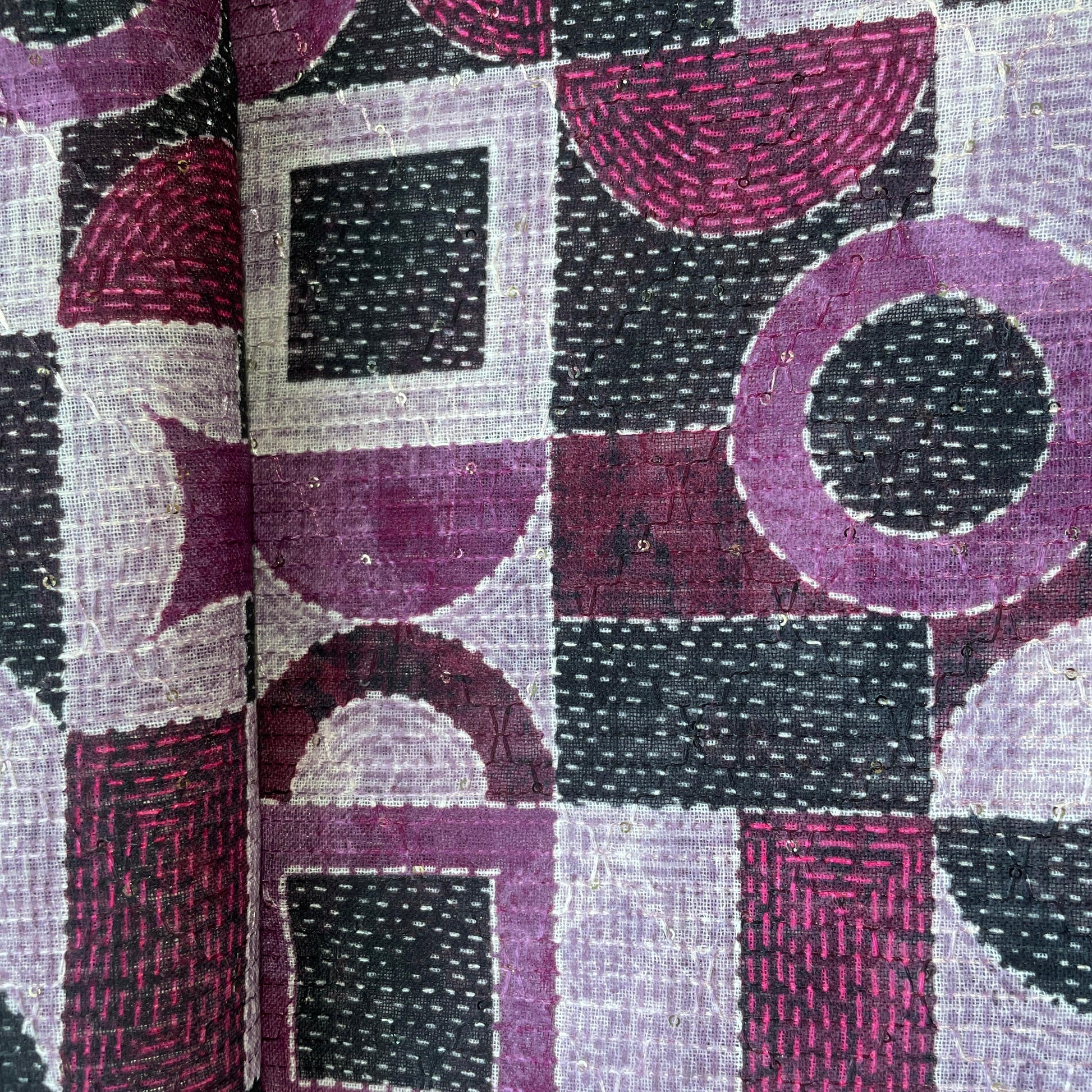 Purple & Black Geometerical Print Sequence Embroidery Linen Fabric 11110