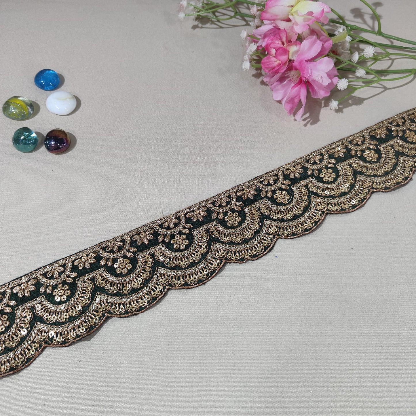 Dark Green Zari Sequins Embroidery Lace 15855