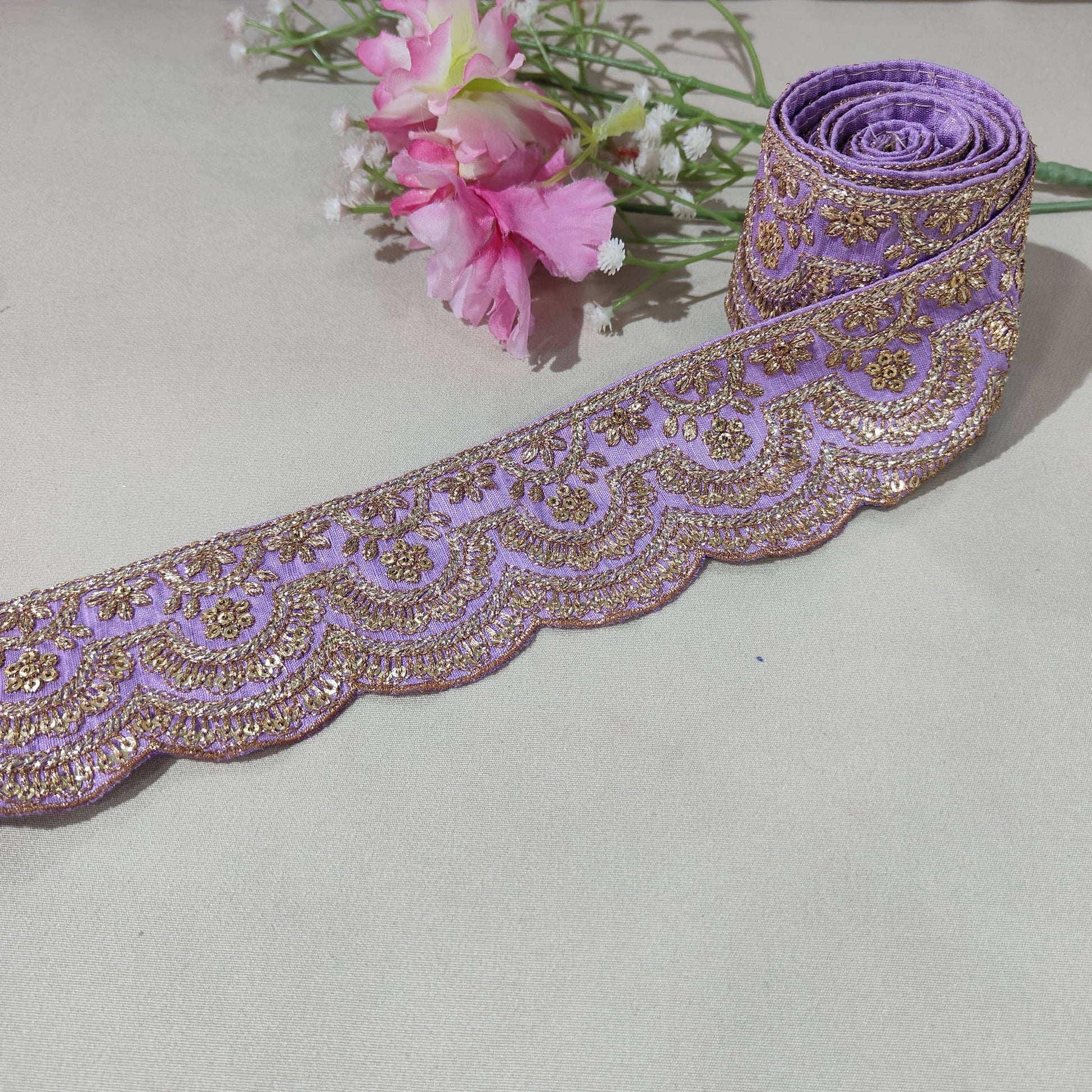 Lavender Zari Sequins Embroidery Lace 15853