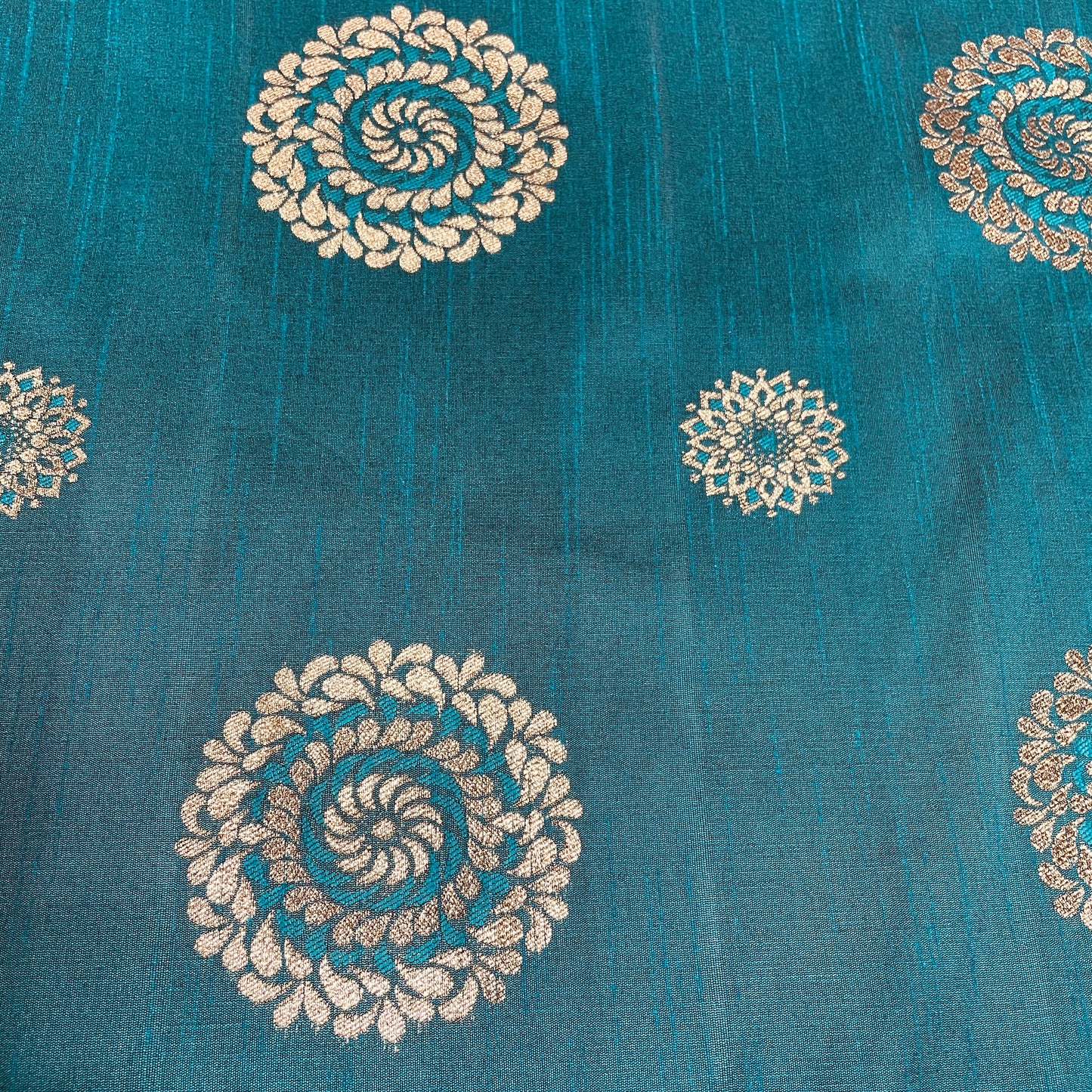 Teal Blue Floral With Gold Foil Dupion Silk Fabric - TradeUNO