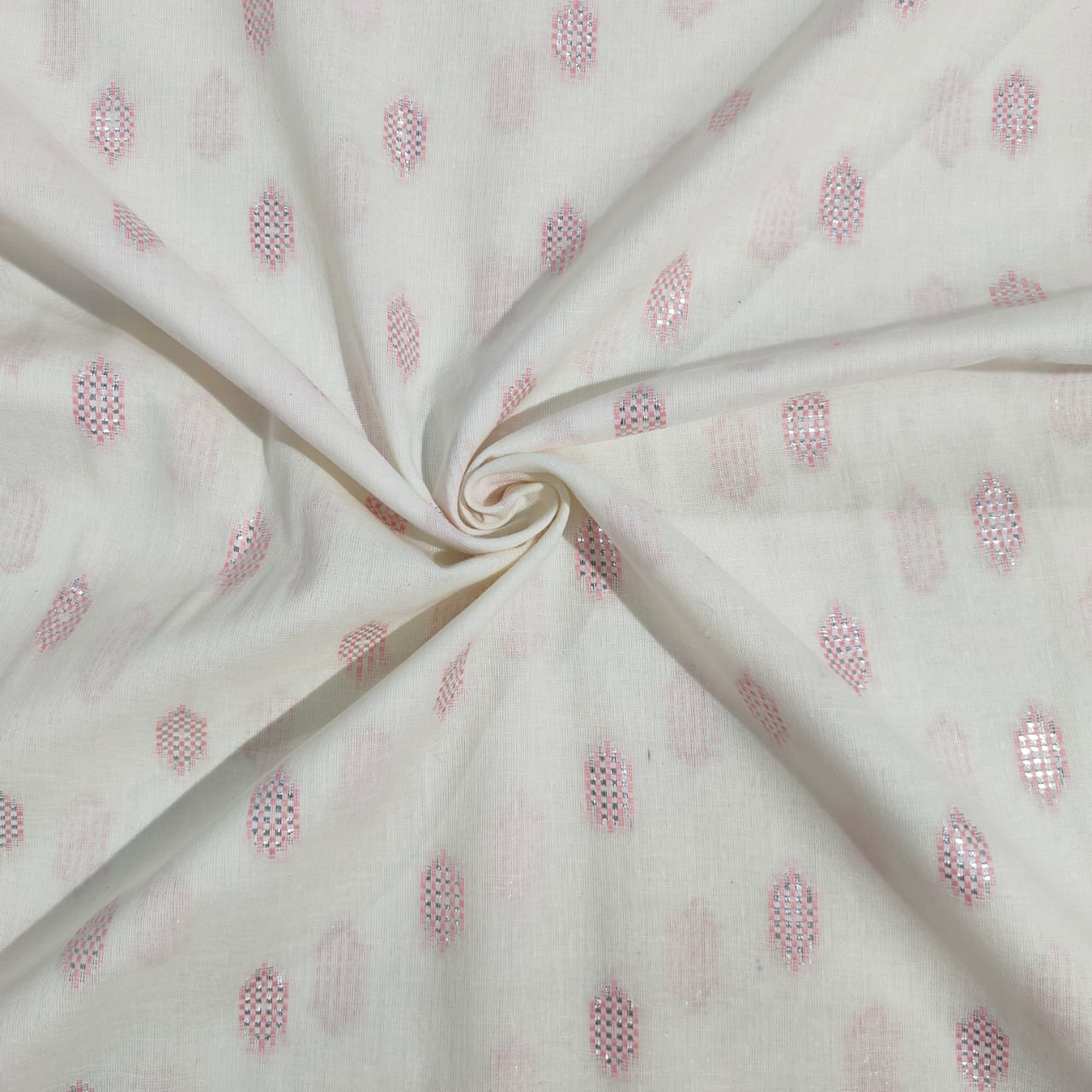 Off White & Pink Geometrical With Lurex Cotton Fabric 12030