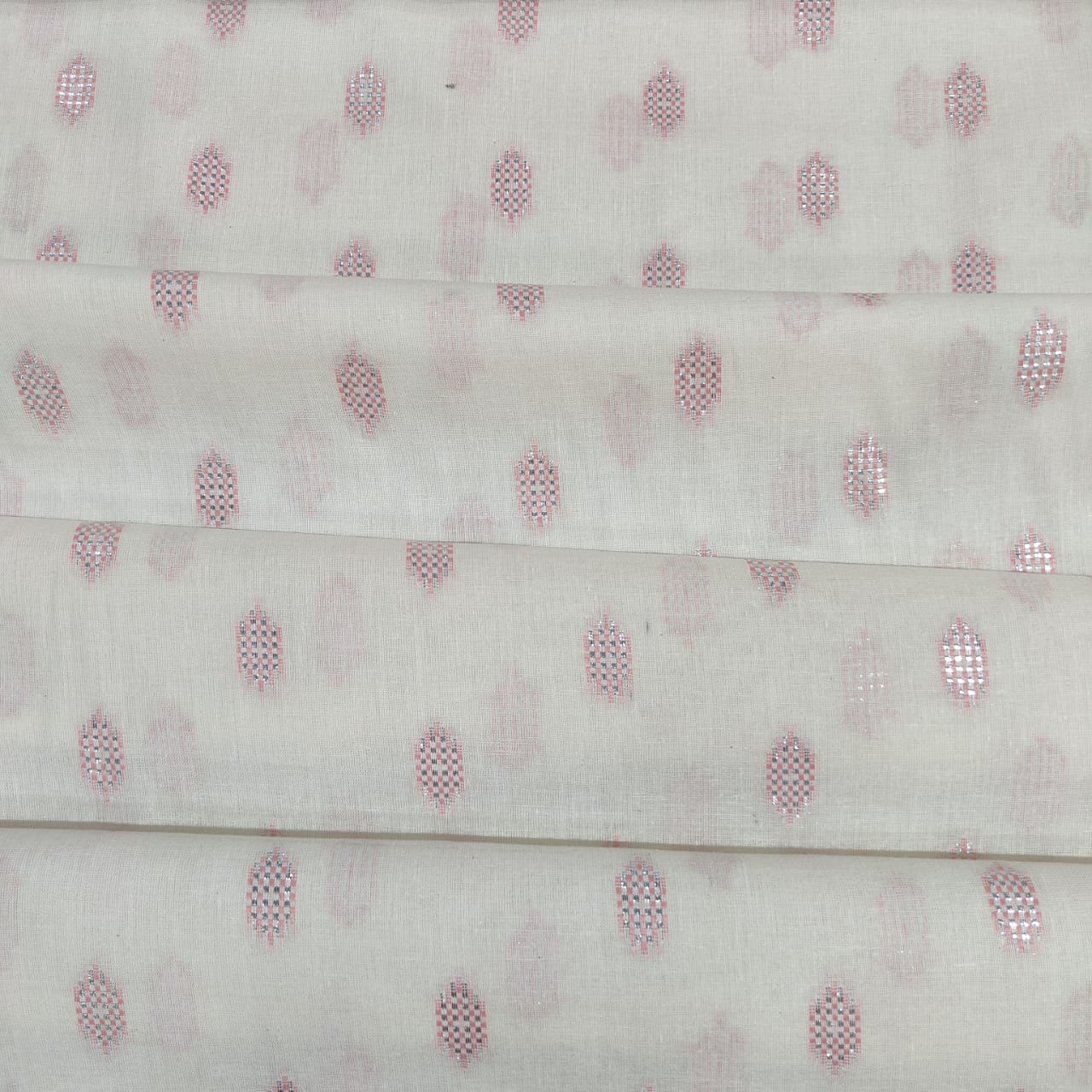 Off White & Pink Geometrical With Lurex Cotton Fabric 12030