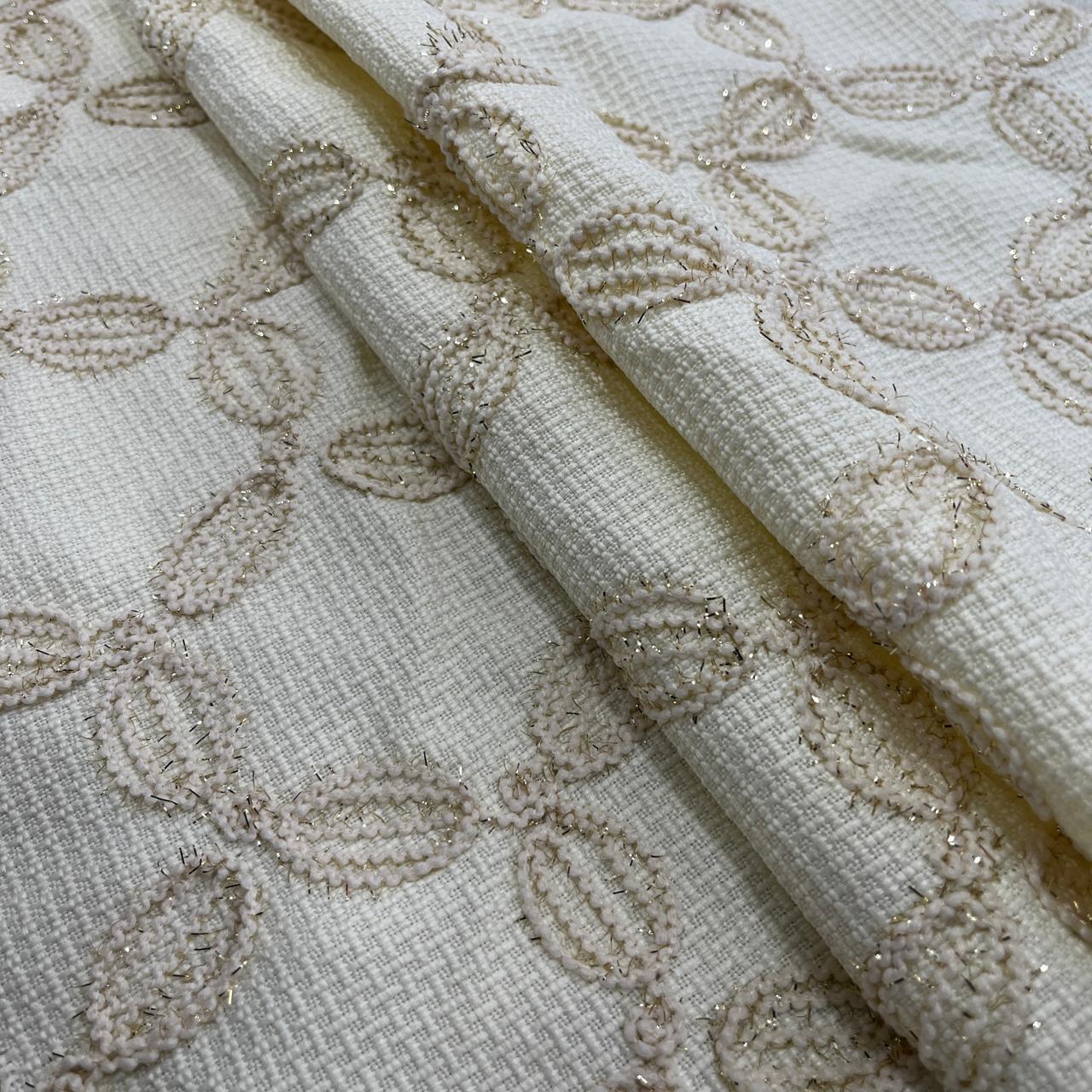 Premium Cream Floral Handloom Tweed Fabric 15034