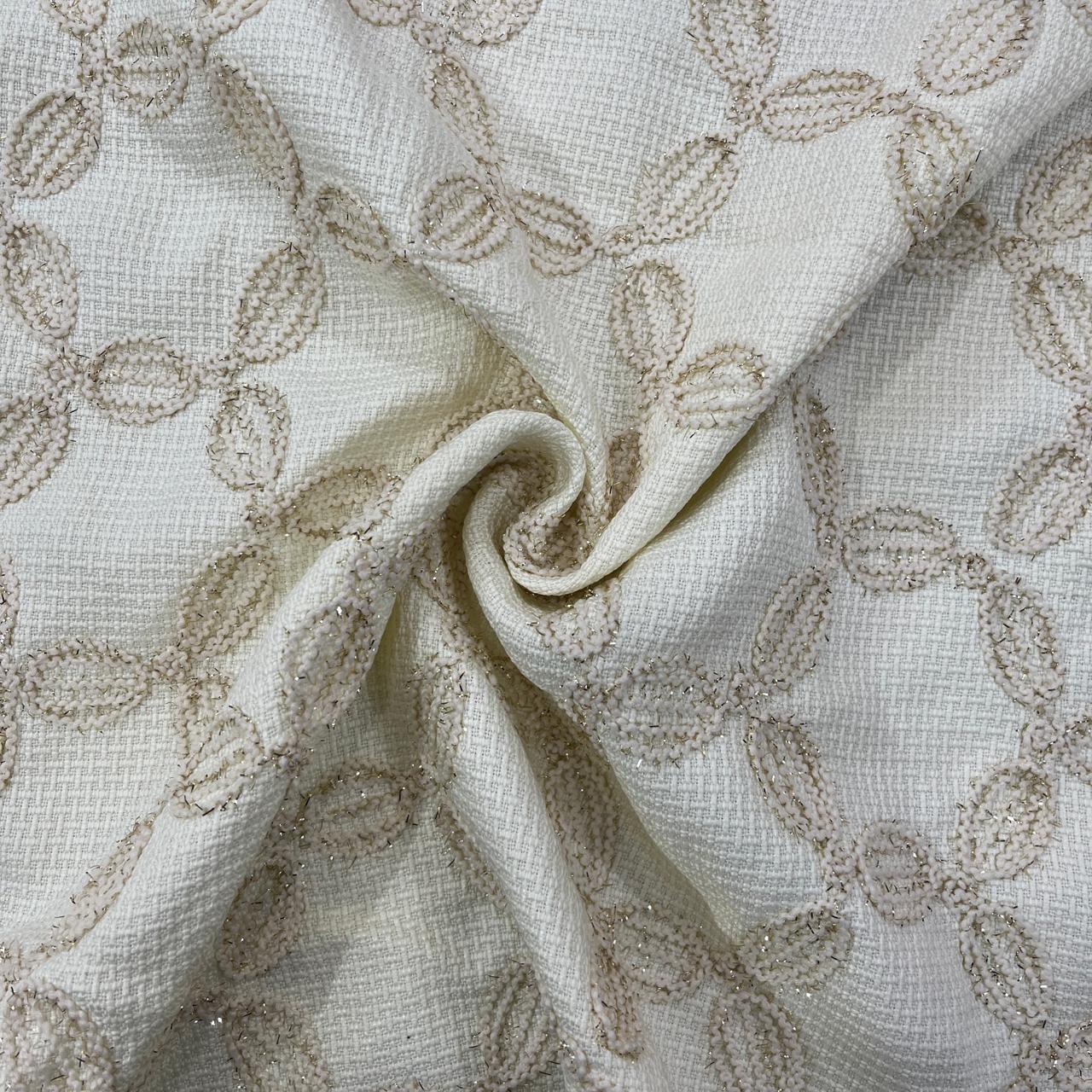 Premium Cream Floral Handloom Tweed Fabric 15034