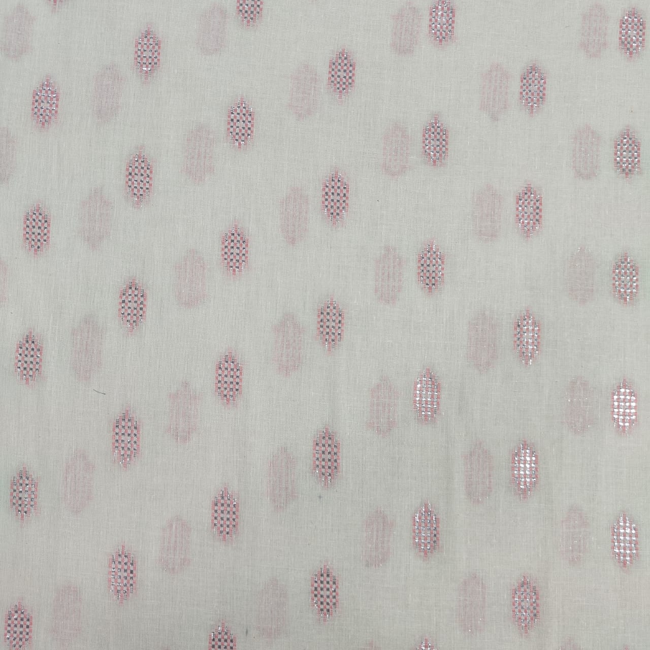 Off White & Pink Geometrical With Lurex Cotton Fabric 12030