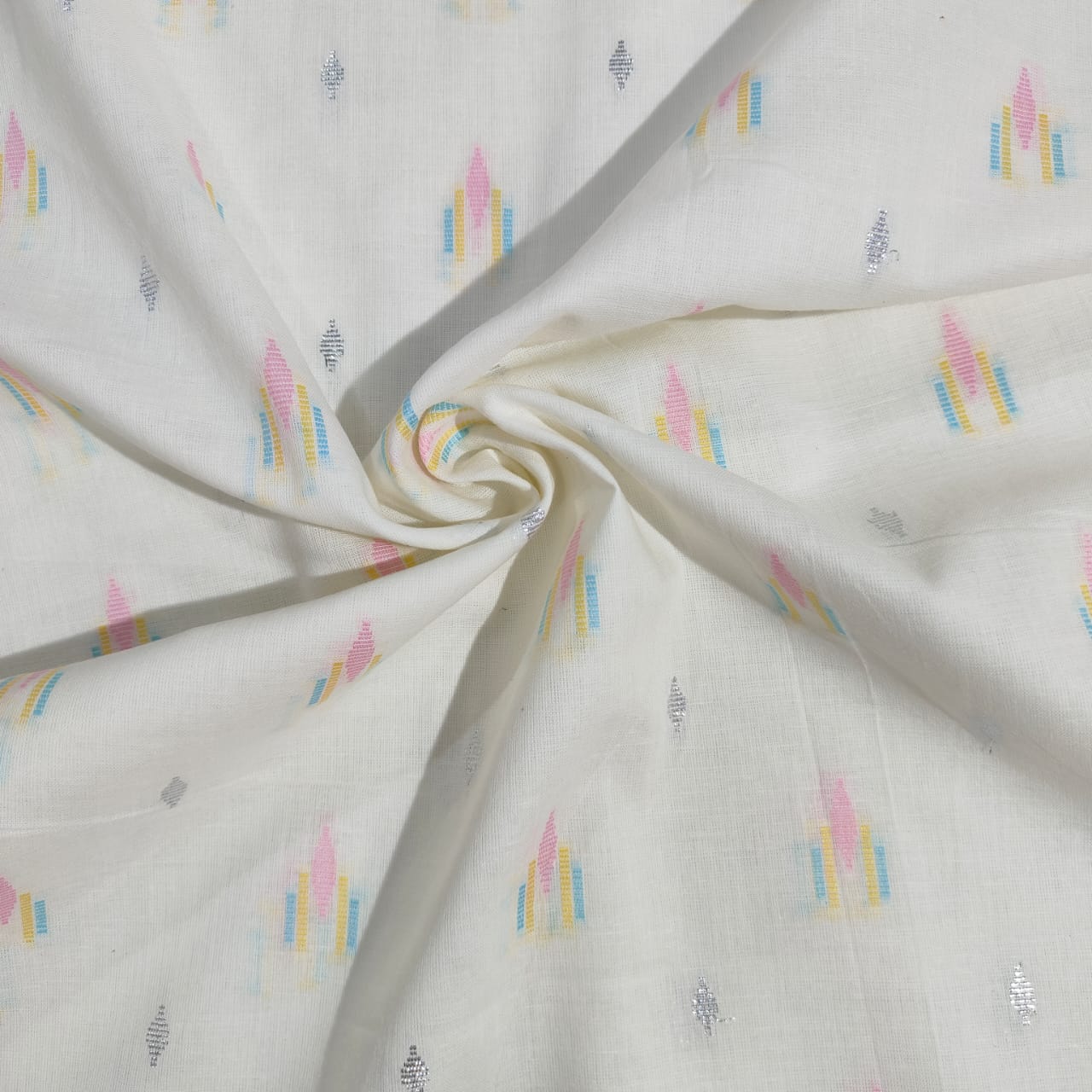 Off White & Multicolor Geometrical With Lurex Cotton Fabric 12035