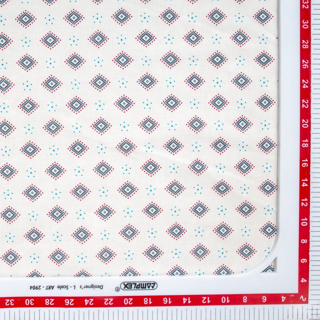 White Geometrical Print Poplin Cotton Fabric Trade UNO