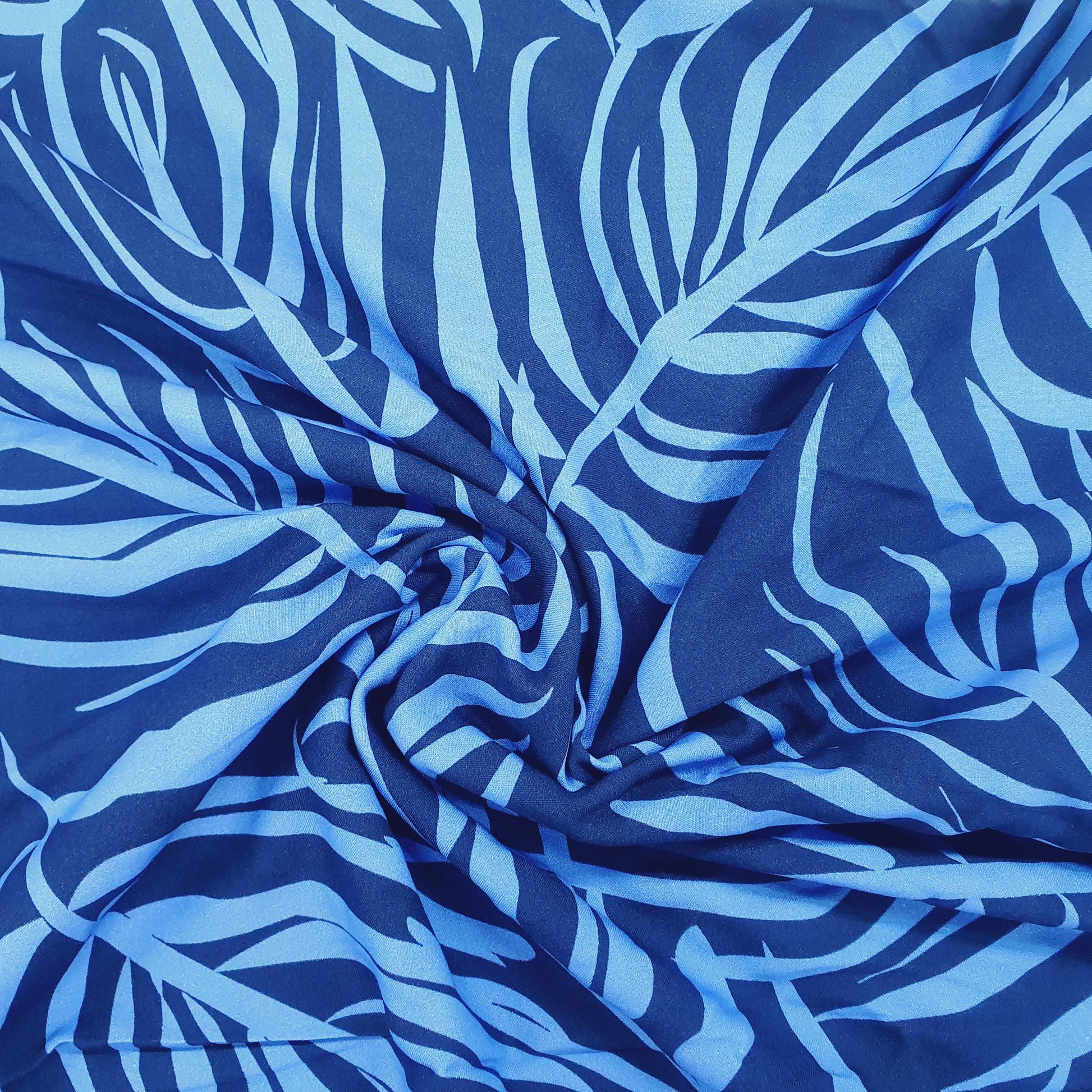 Bright Blue Leaf Print Poly Viscose Rayon Fabric – TradeUNO Fabrics