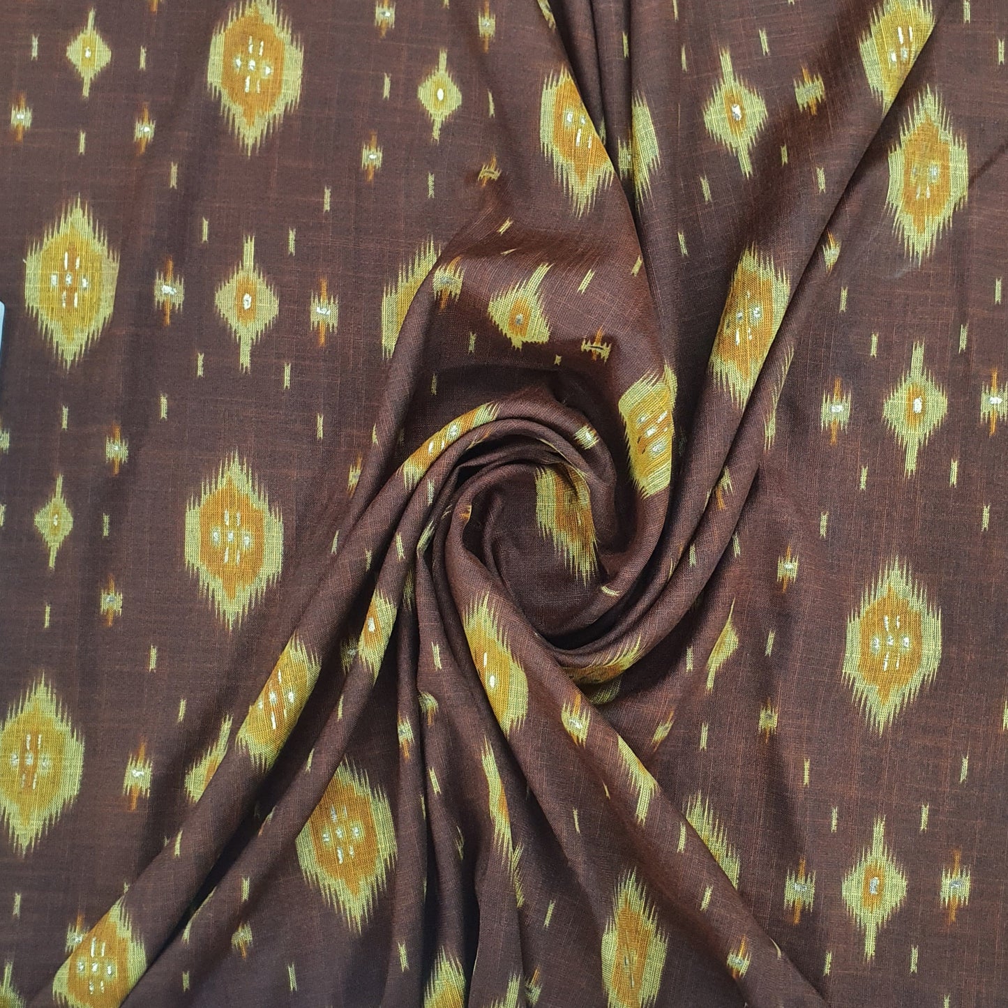 Brown Ikkat With Foil Print Cotton Slub Fabric Trade UNO