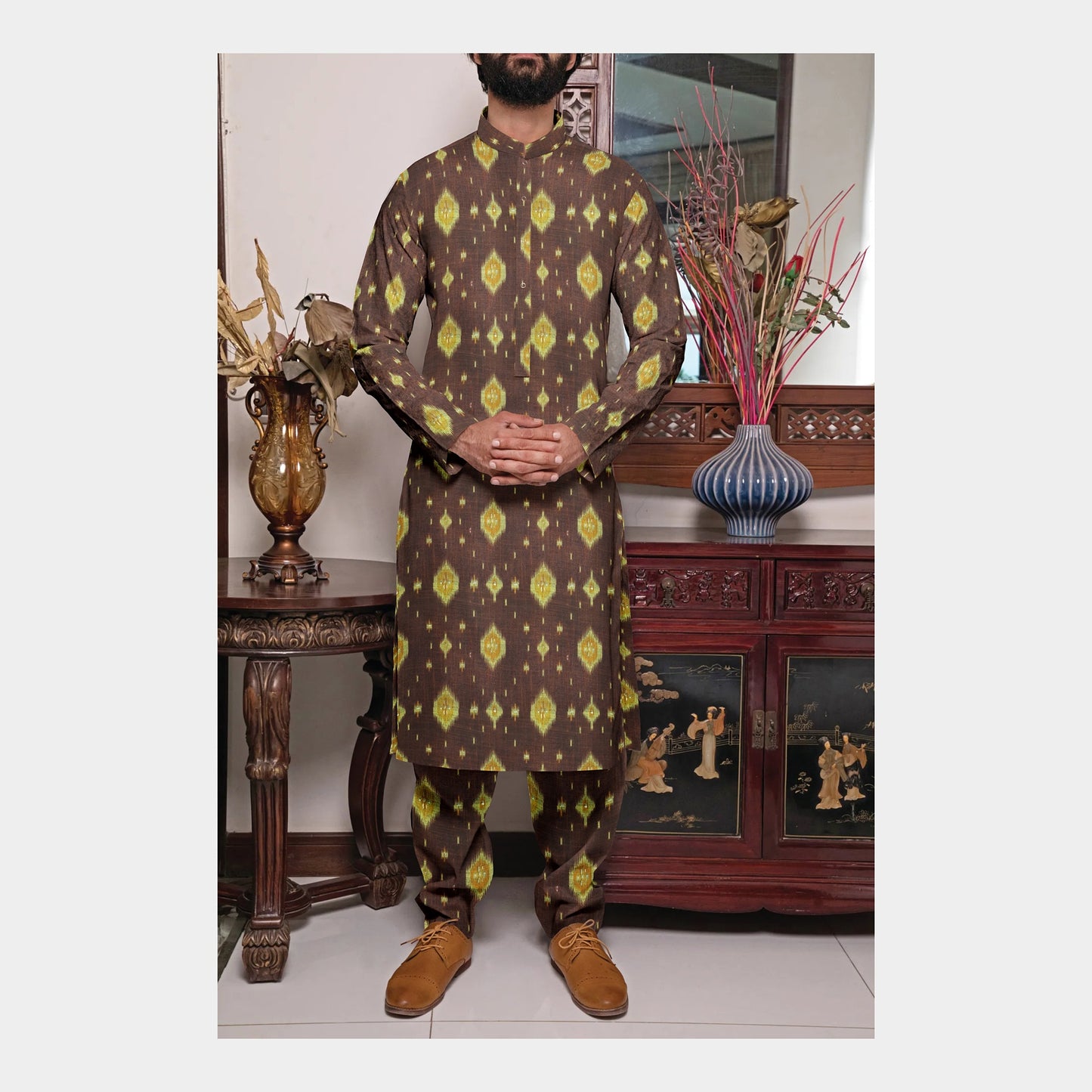 Brown Ikkat With Foil Print Cotton Slub Fabric Trade UNO