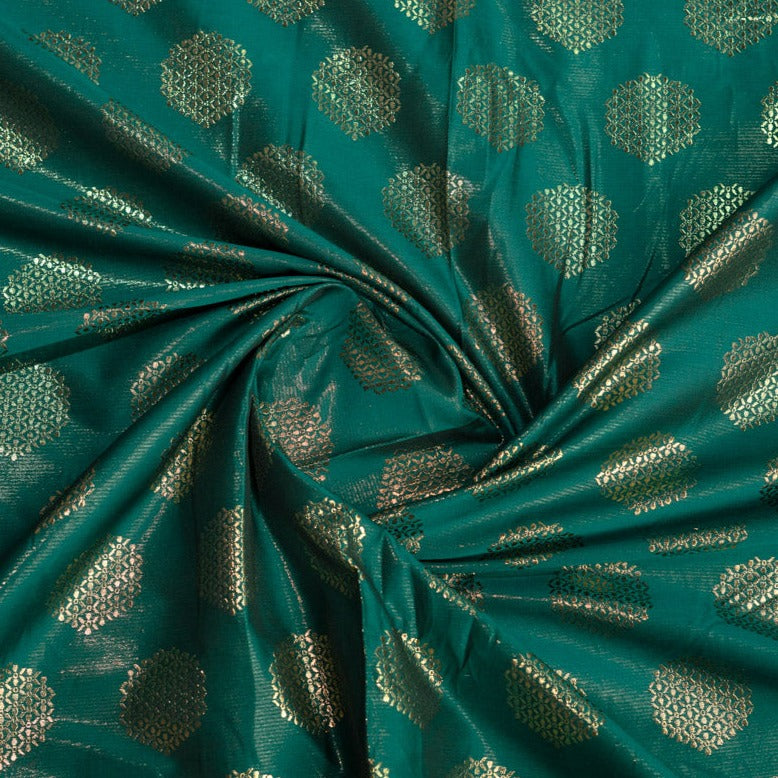 Emerald Green With Golden Geometrical Brocade Fabric Trade UNO