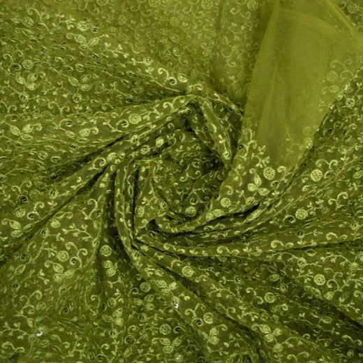 Olive Green Thread Embroidery On Net Fabric Trade UNO