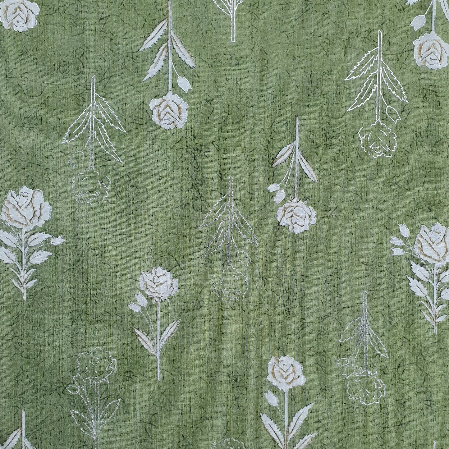 Green Floral With Foil Print Cotton Slub Fabric Trade UNO