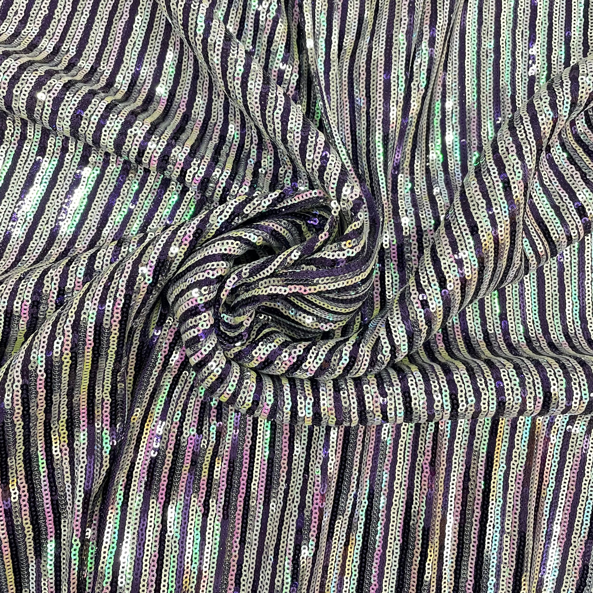 Purple With Silver Stripe Sequence Embroidery Net Fabric - TradeUNO