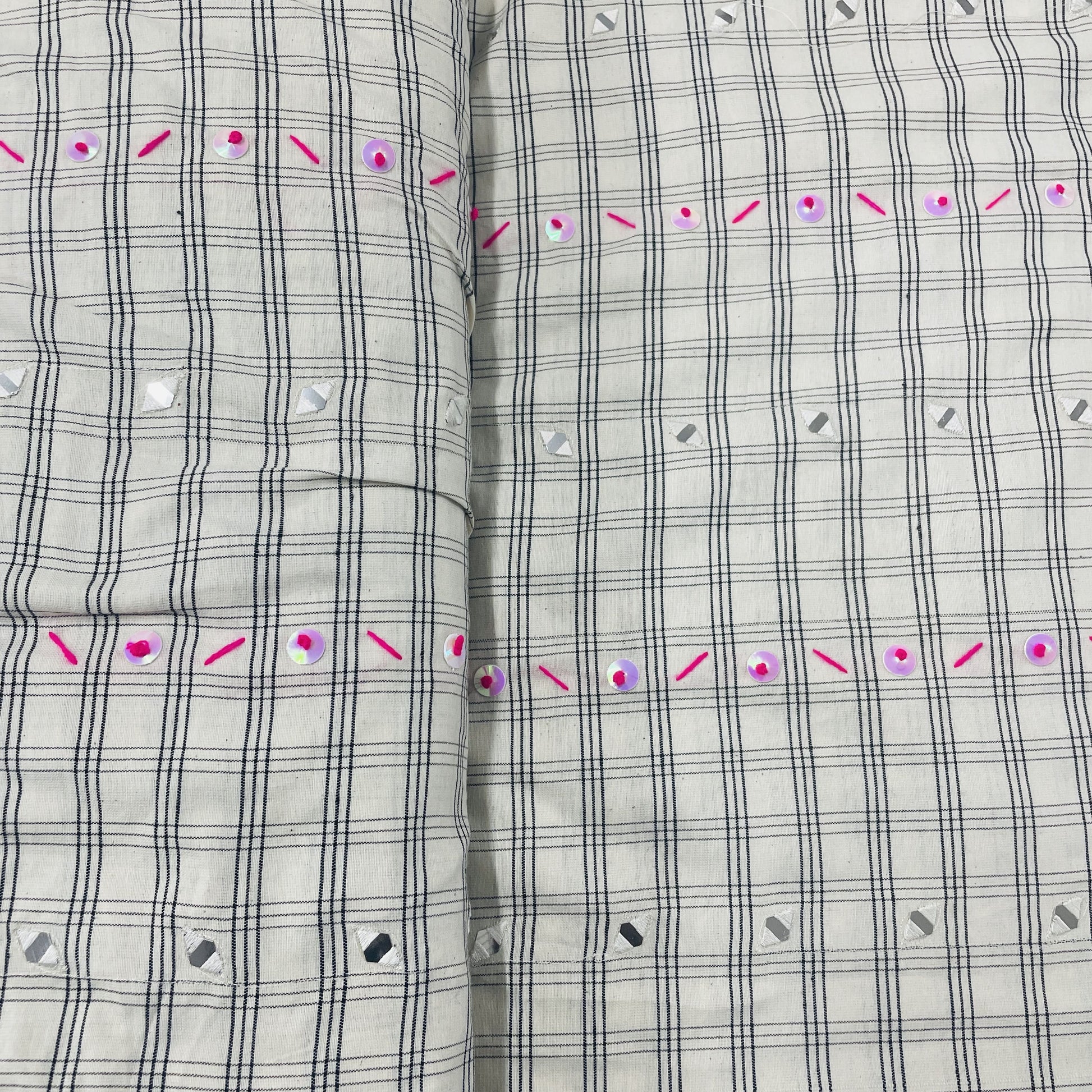 Premium White & Black Check With Mirror Sequence Embroidery Cotton Fabric