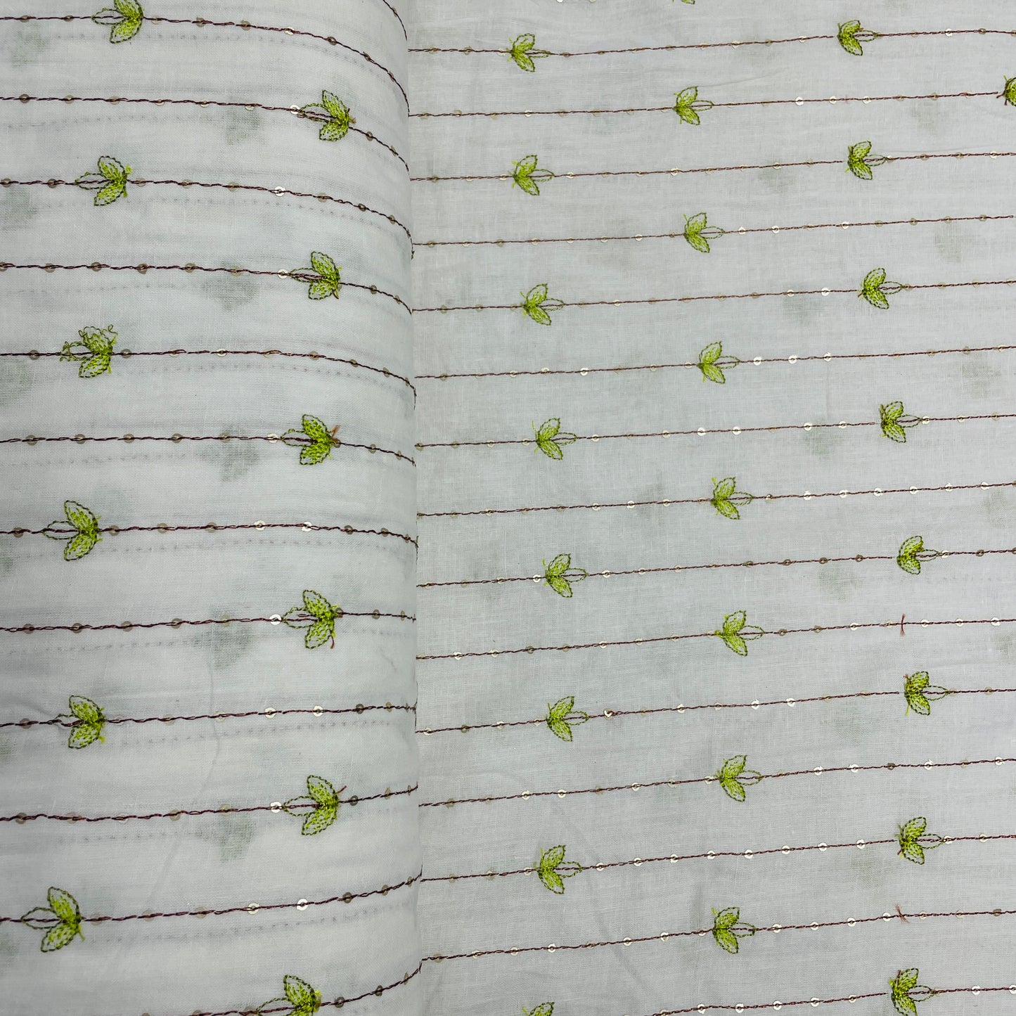 White With Green Linning Thread Embroidery Cotton Mulmul Fabric - TradeUNO