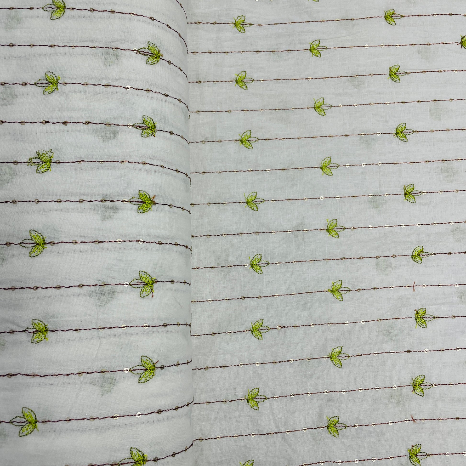 White With Green Linning Thread Embroidery Cotton Mulmul Fabric - TradeUNO