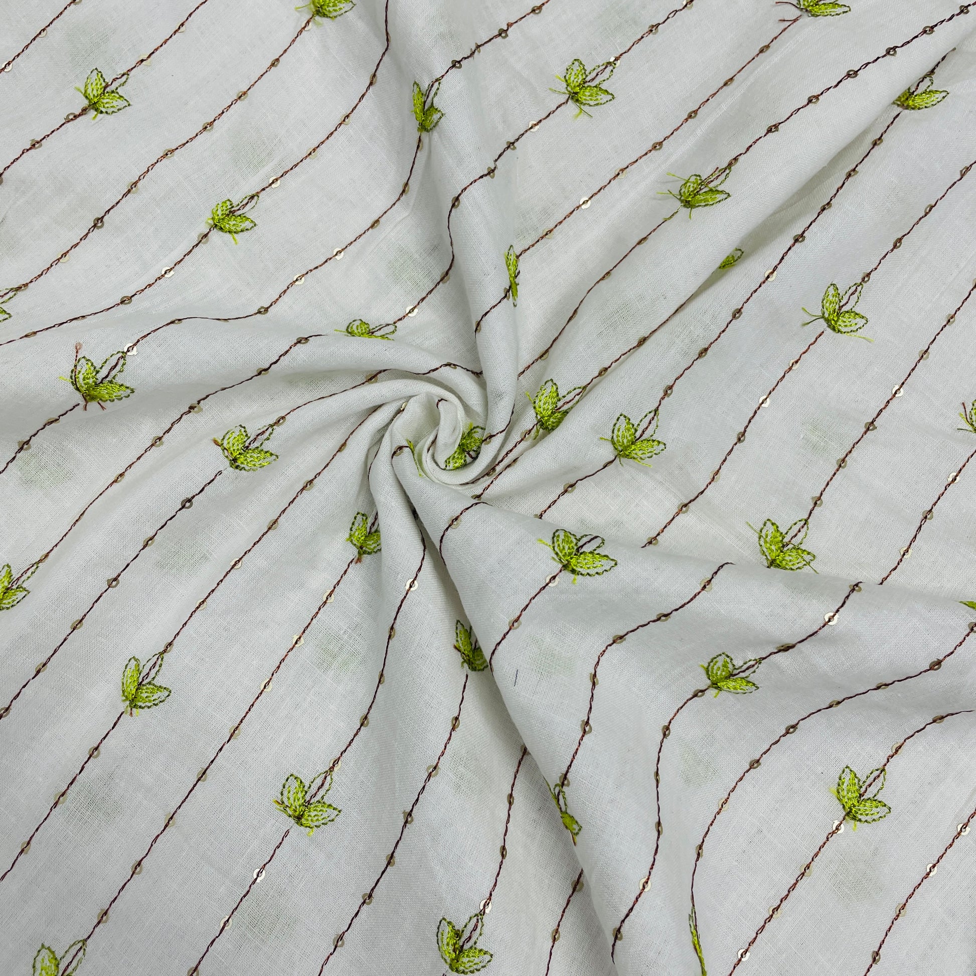 White With Green Linning Thread Embroidery Cotton Mulmul Fabric - TradeUNO