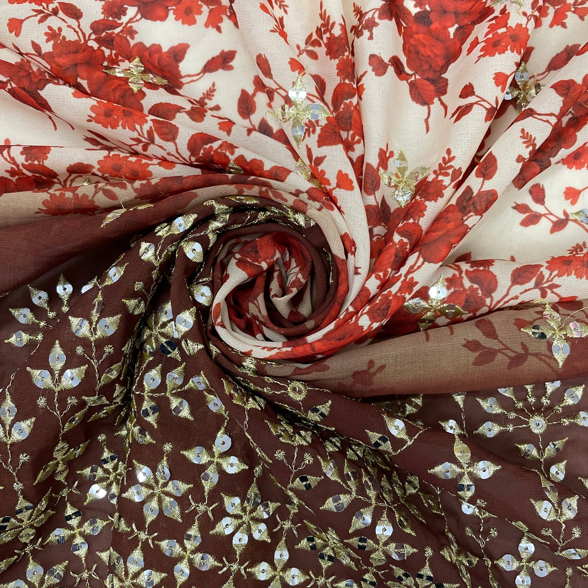 Cream With Brown Ombre Red Floral Embrodiery Georgette Fabric - TradeUNO