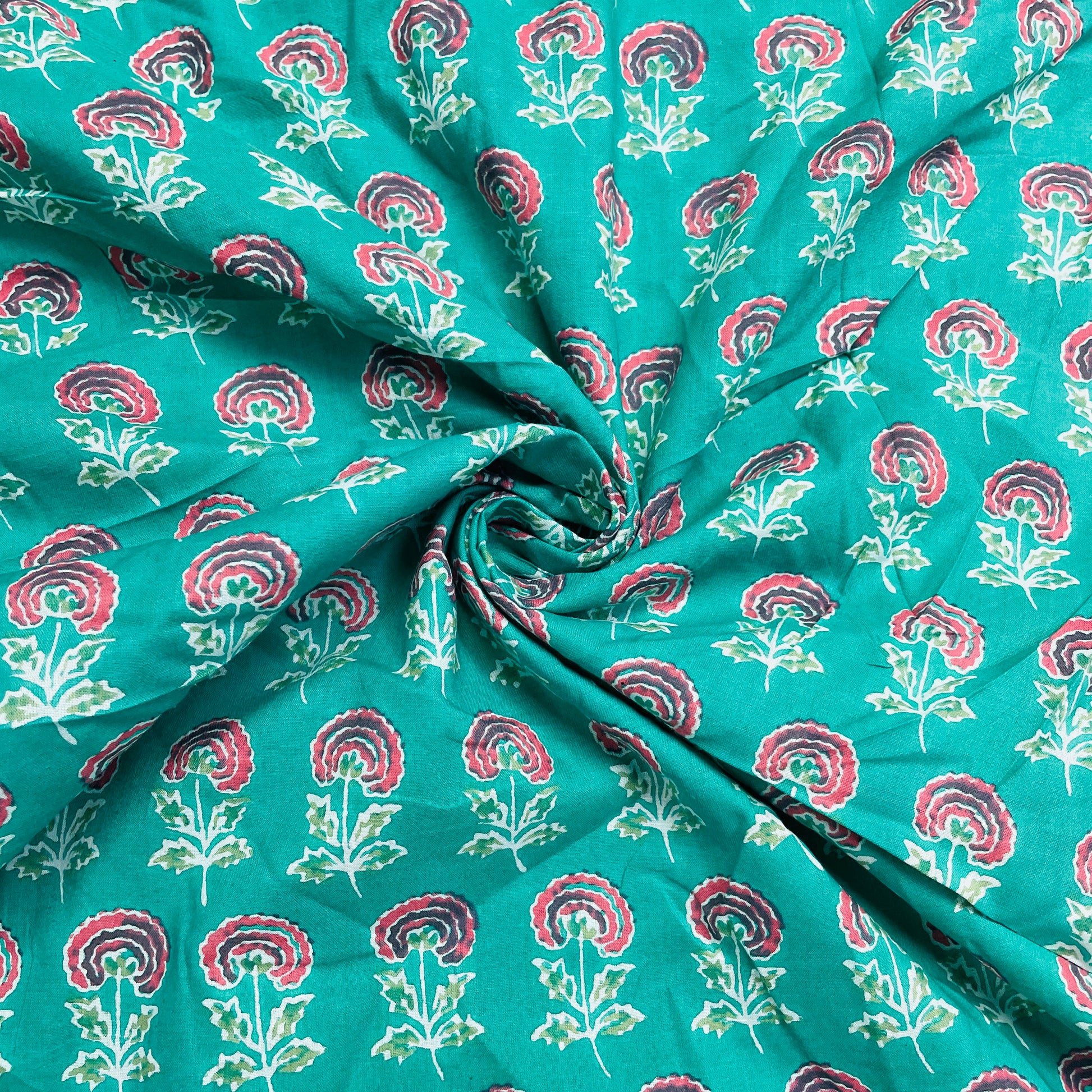 Green & Pink Floral Print Cotton Fabric - TradeUNO