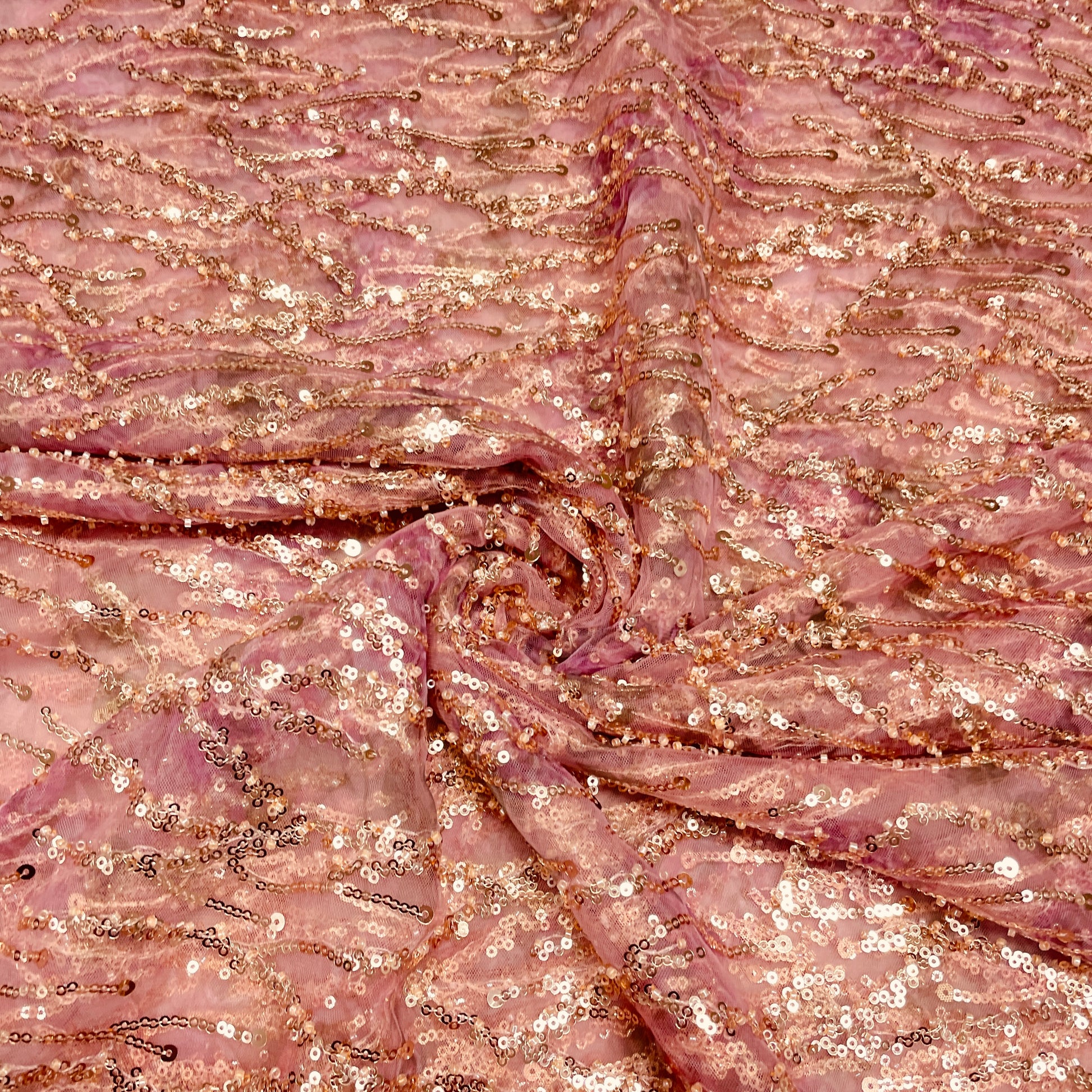 Onion Pink With Golden Floral Sequence Embroidery Net Imported Fabric - TradeUNO