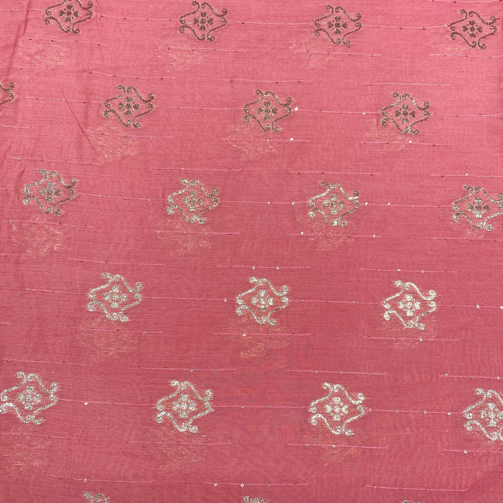 Light Pink Traditional Zari Embroidery Sequence Chanderi Fabric - TradeUNO